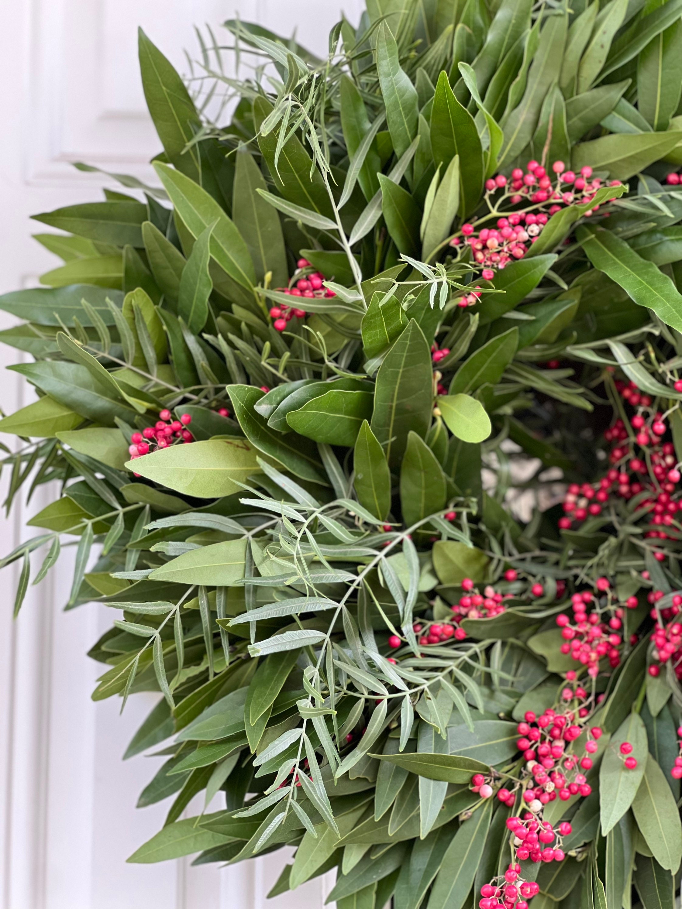 Fresh and Fragrant Bay Leaf and Pepperberry Winter Christmas Greenery 20 in Wreath (available year round!) - Thumbnail 3