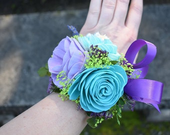 Under the Sea Turquoise, Lavender, and Lime Wood Sola Flower Corsage