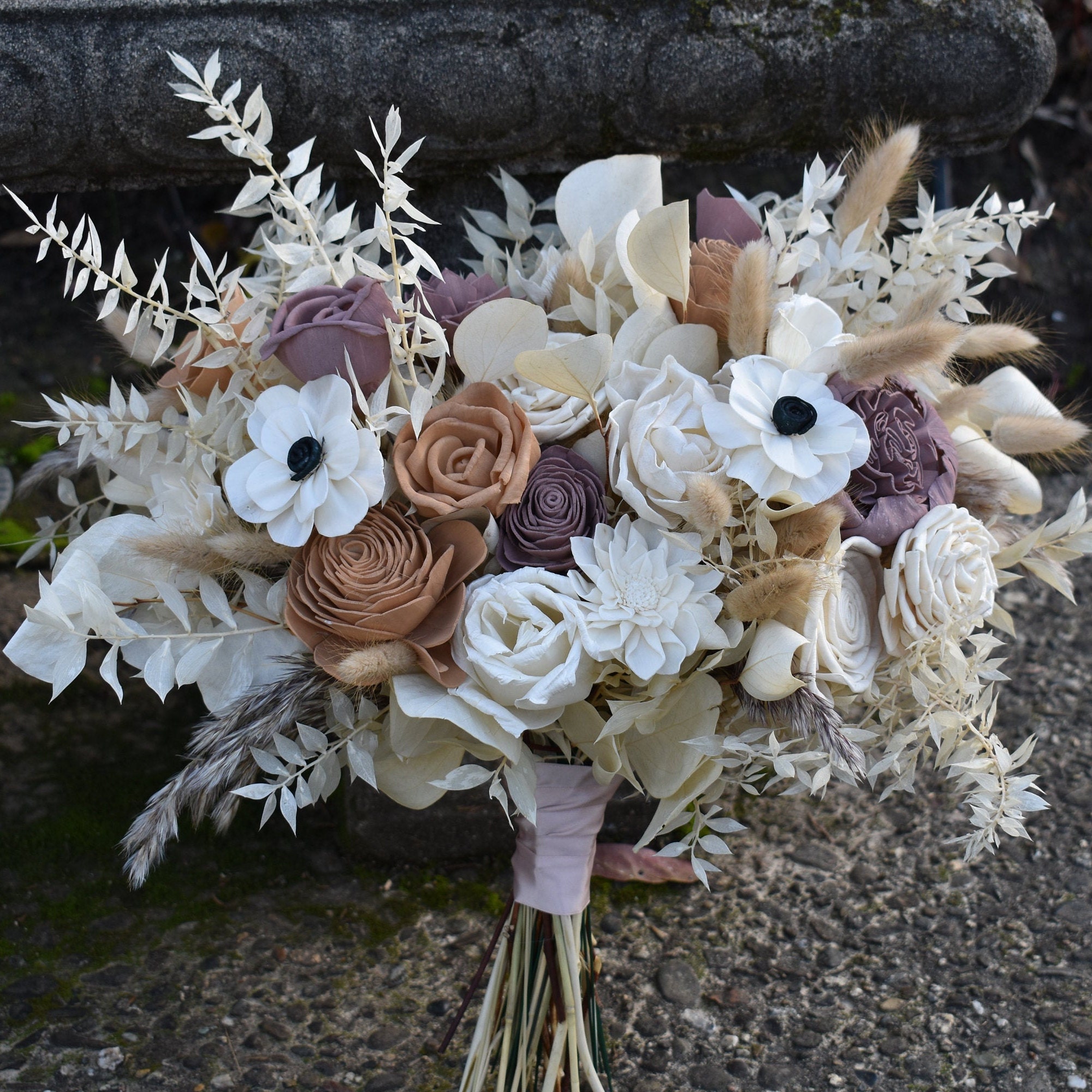 Nude, Ivory, and Mauve Wood Sola Wedding Flower Bouquet, "Champagne Dreams" - Thumbnail 2