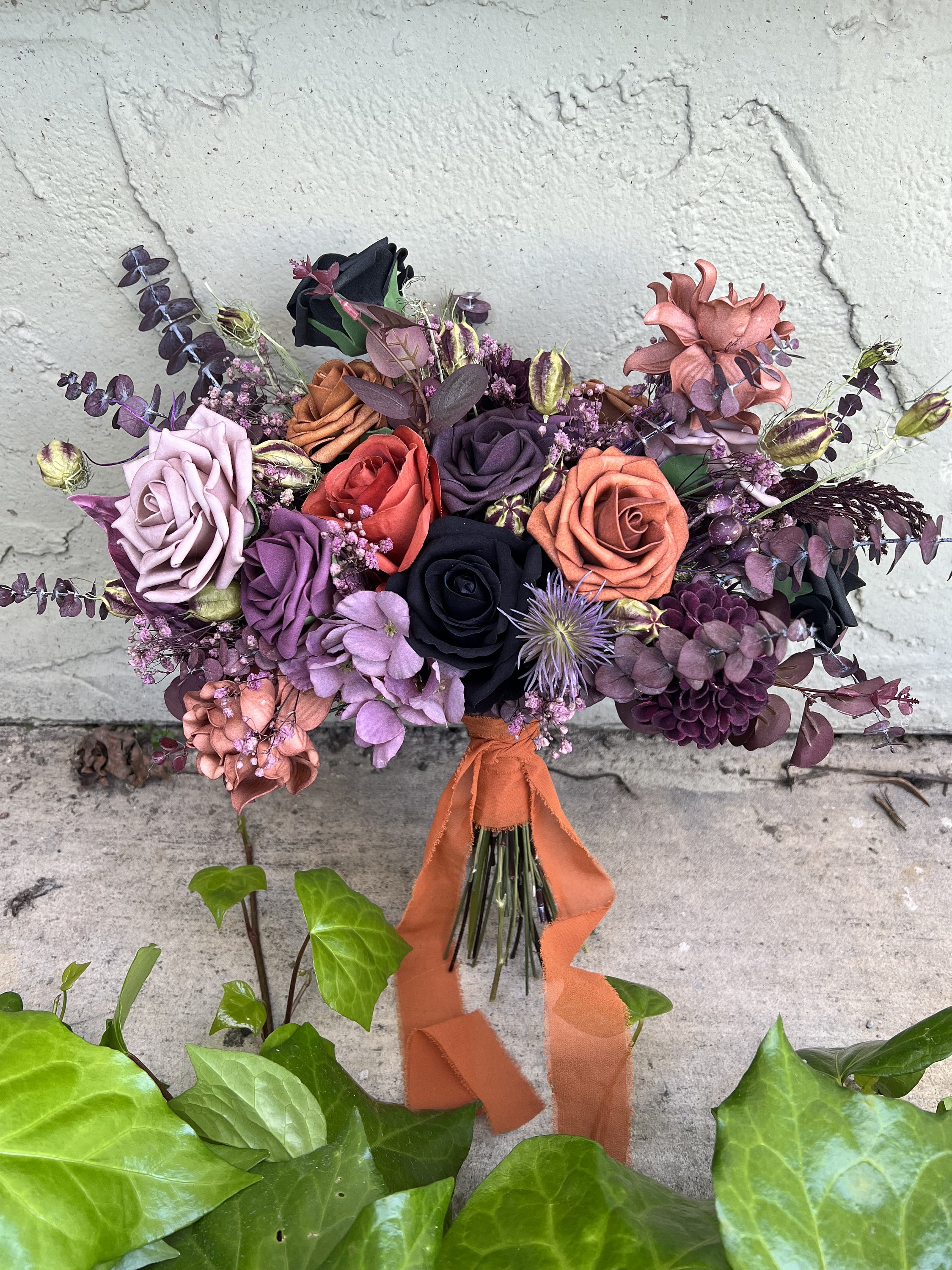 Black, Plum and Terracotta Halloween Artificial Flower Wedding Fall Bouquet, "Rhiannon" - Thumbnail 2