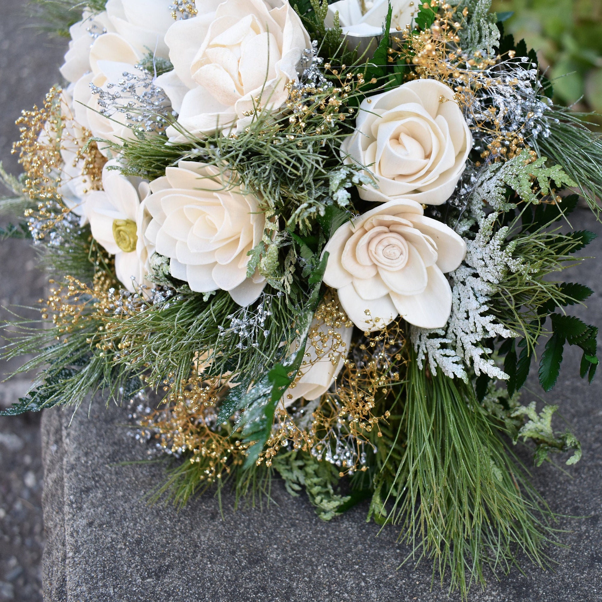 White and Gold Wood Flower Bouquet for  Christmas, Winter, and Holiday Weddings  "Winter Wonderland - Thumbnail 4