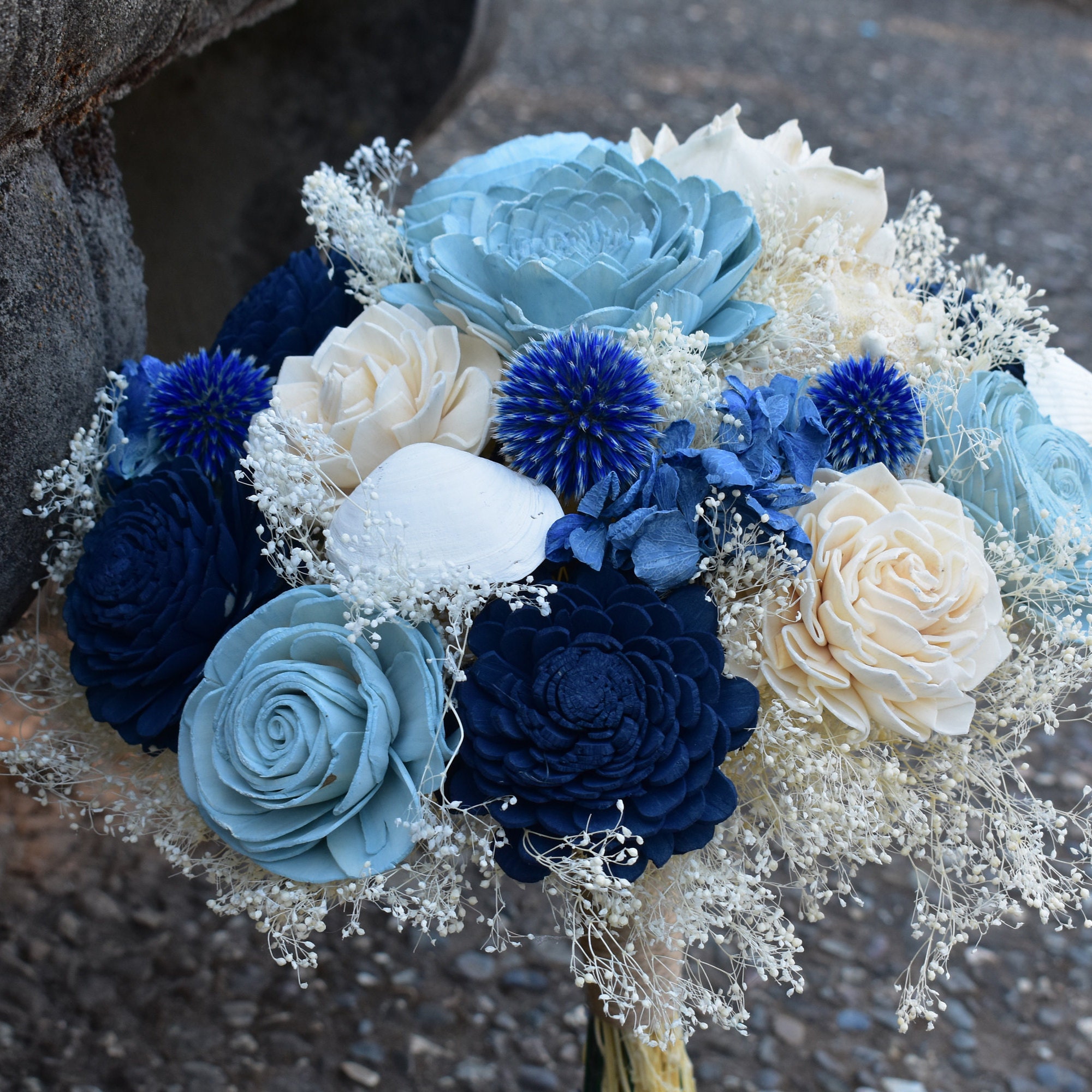 Blue, Ivory, and Slate Wood Wedding Sola Flower Bouquet, "Nautical Blues" - Thumbnail 5
