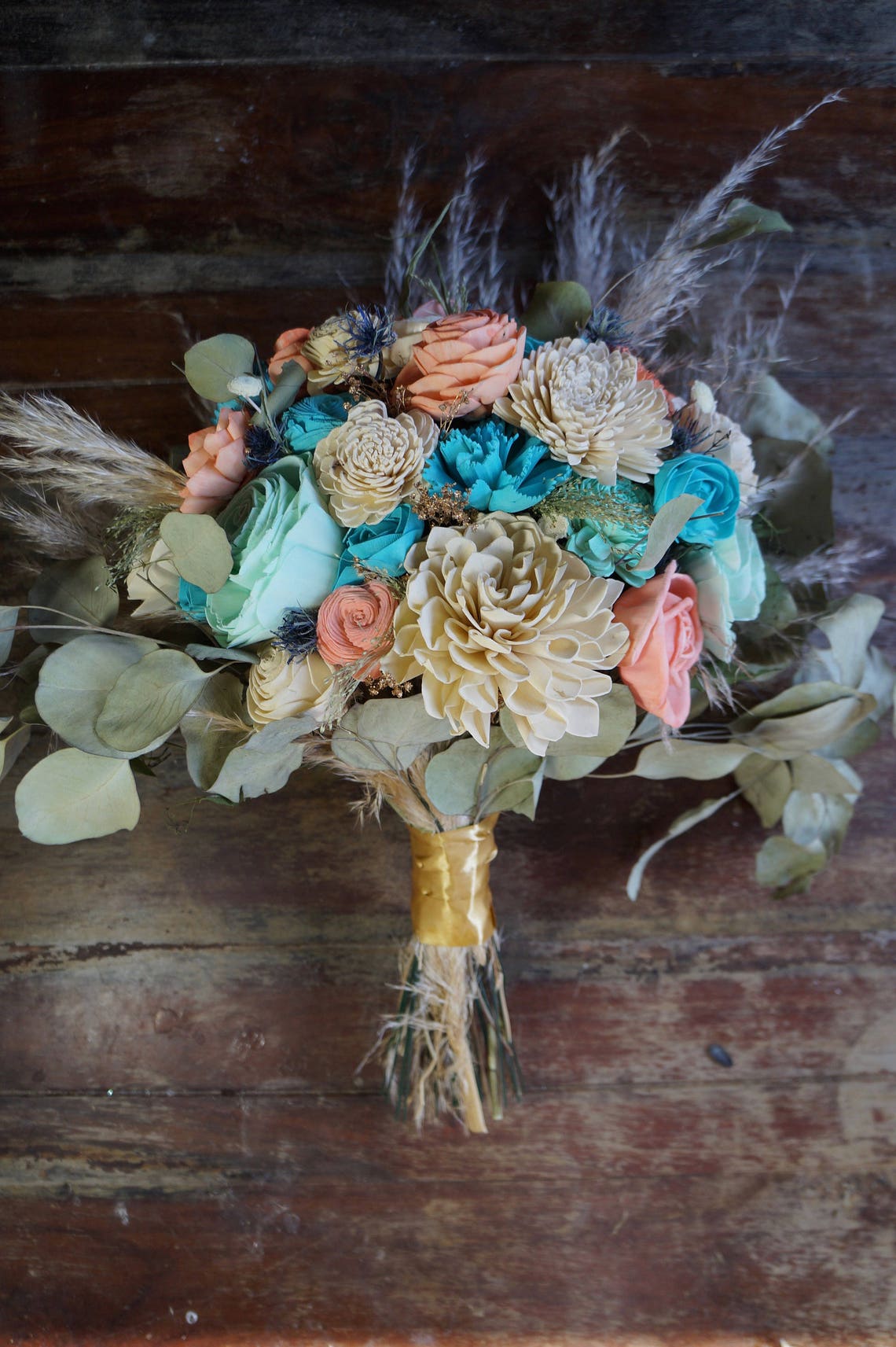 Peach and Turquoise Wood Wedding Sola Flower Bouquet image 1