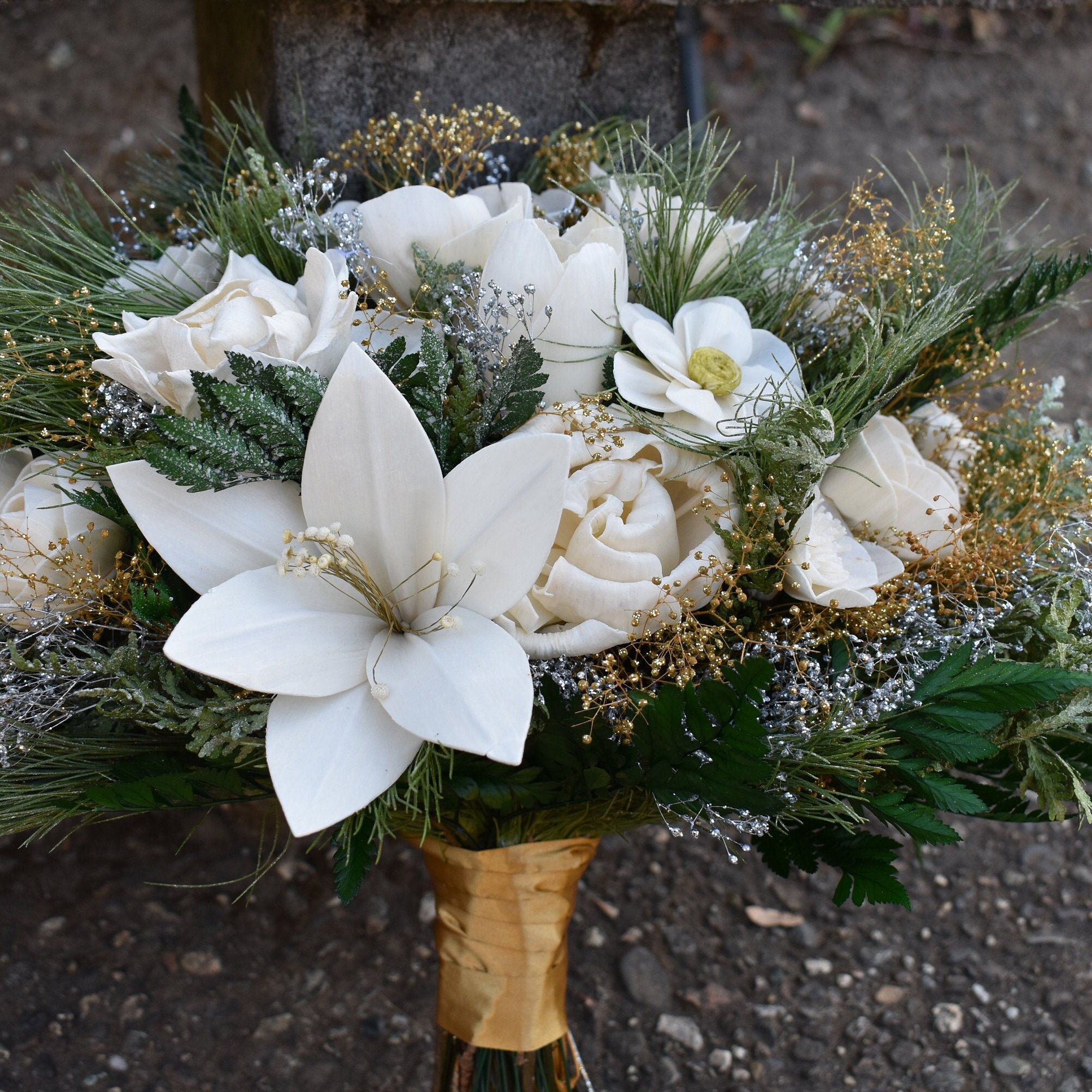 White and Gold Wood Flower Bouquet for  Christmas, Winter, and Holiday Weddings  "Winter Wonderland - Thumbnail 2