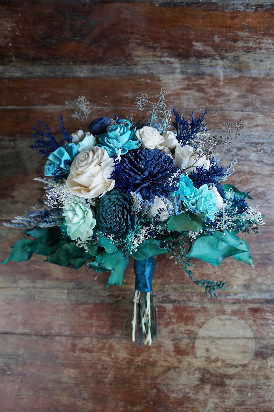 Blue and Turquoise Wood Wedding Sola Flower Bouquet image 1