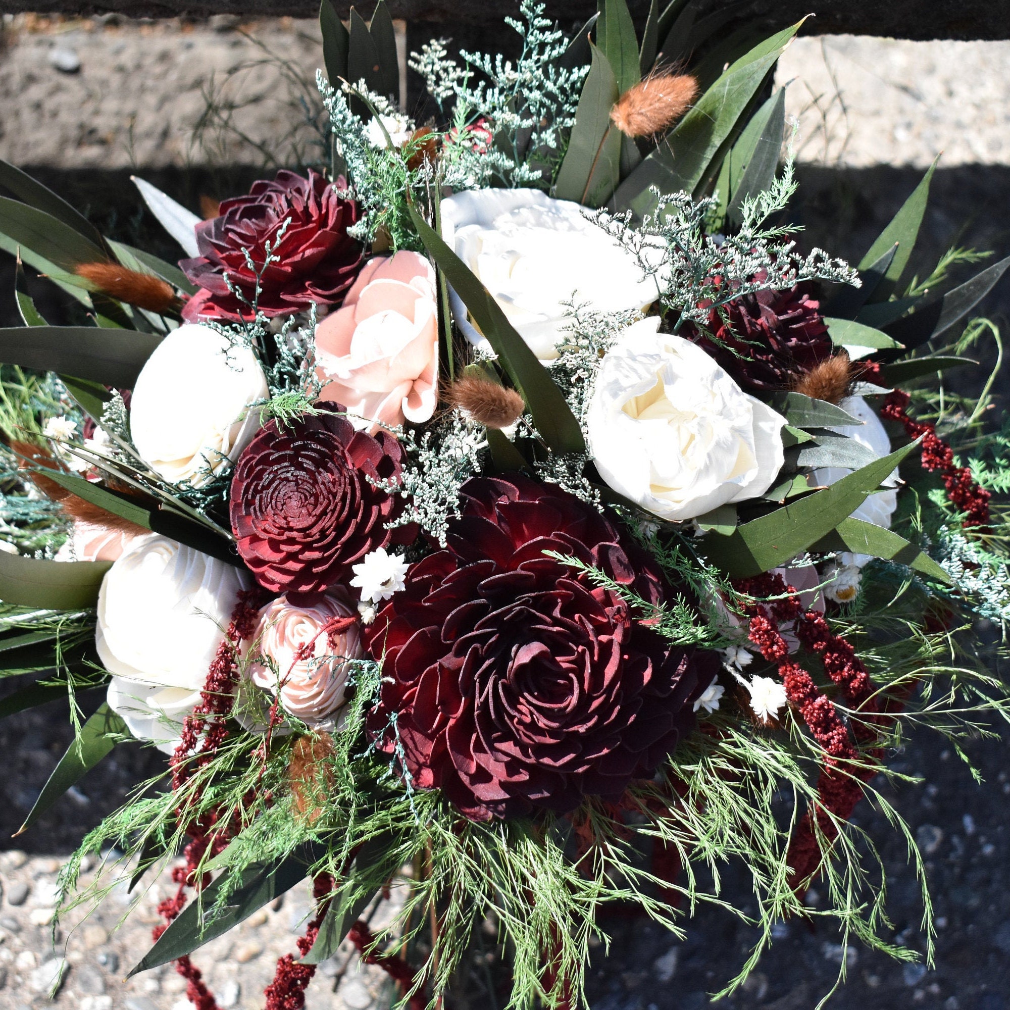 Maroon and Olive Wood Wedding Sola Flower Bouquet, "Old Hollywood" - Thumbnail 6