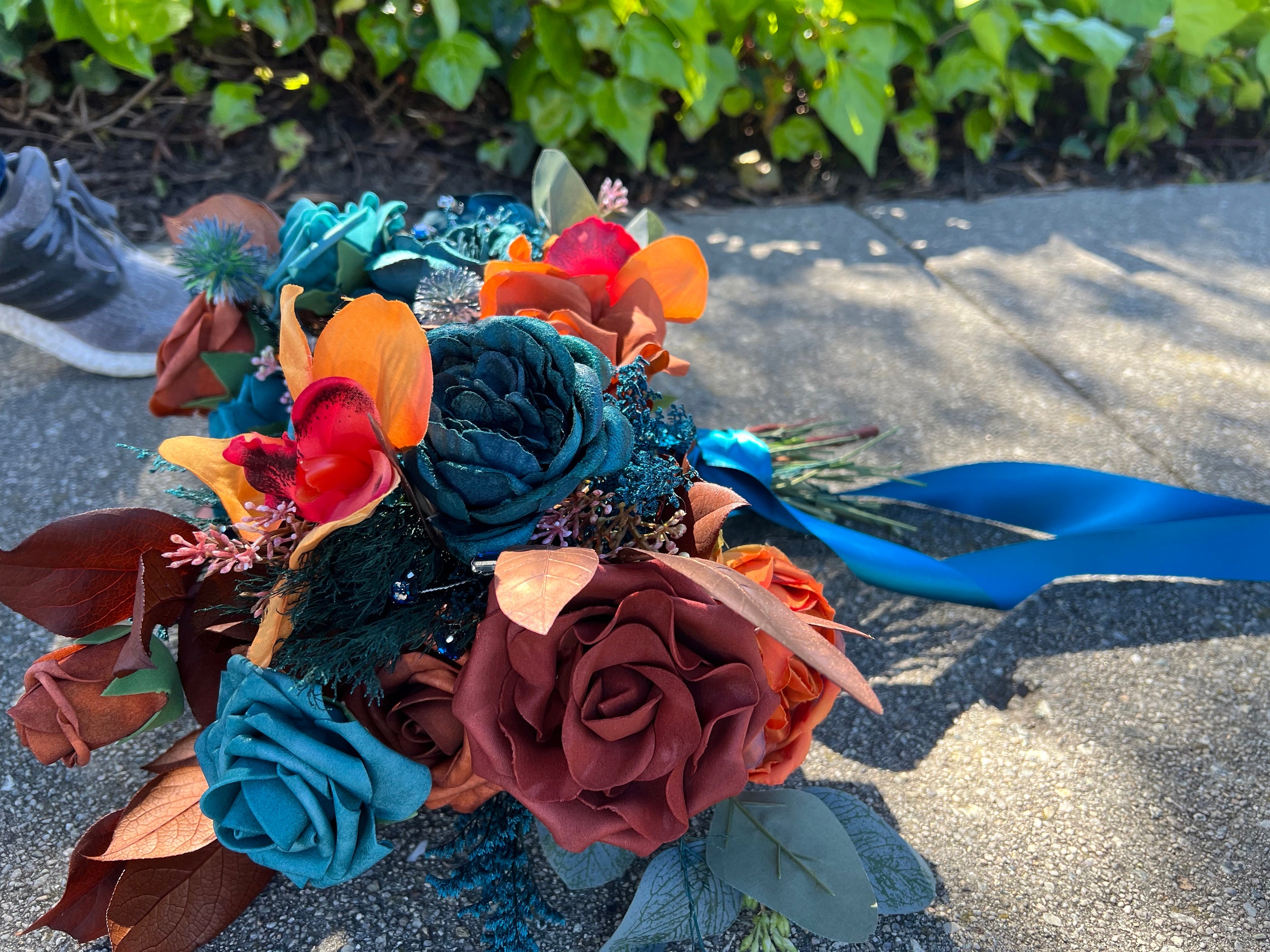 Teal and Orange Artificial Flower Wedding Bouquet, "Mystic Mermaid" - Thumbnail 7