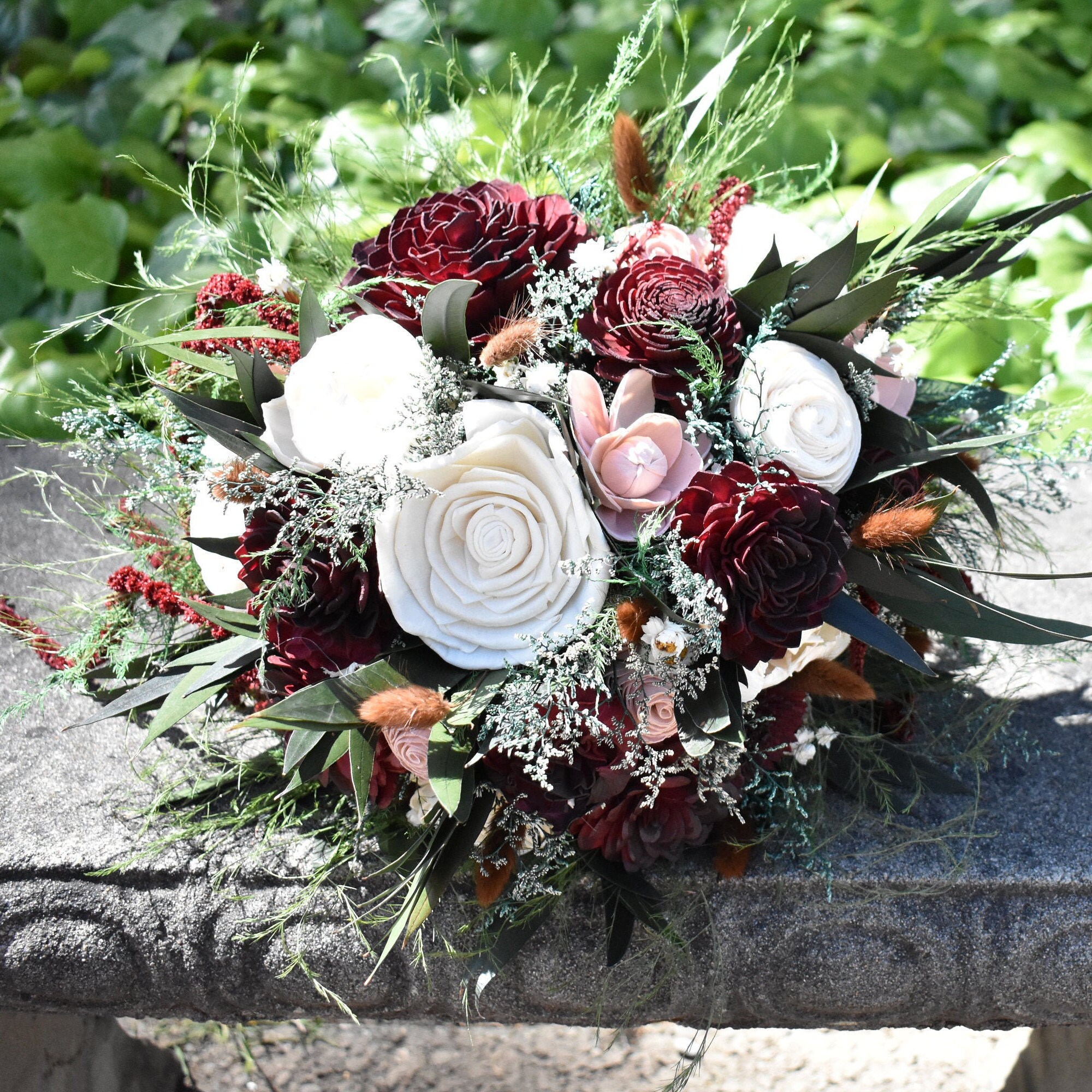 Maroon and Olive Wood Wedding Sola Flower Bouquet, "Old Hollywood" - Thumbnail 5