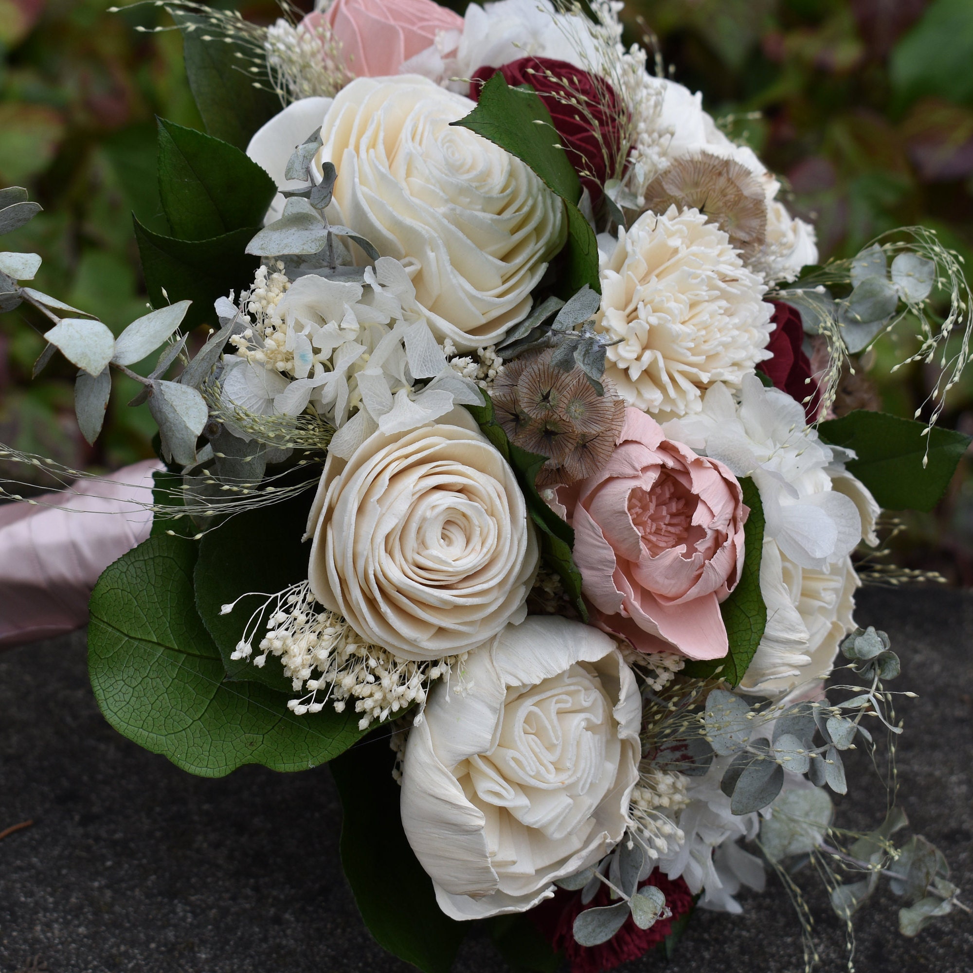 Burgundy and Ivory Wood Wedding Sola Flower Bouquet "Burgundy Rose" - Thumbnail 5