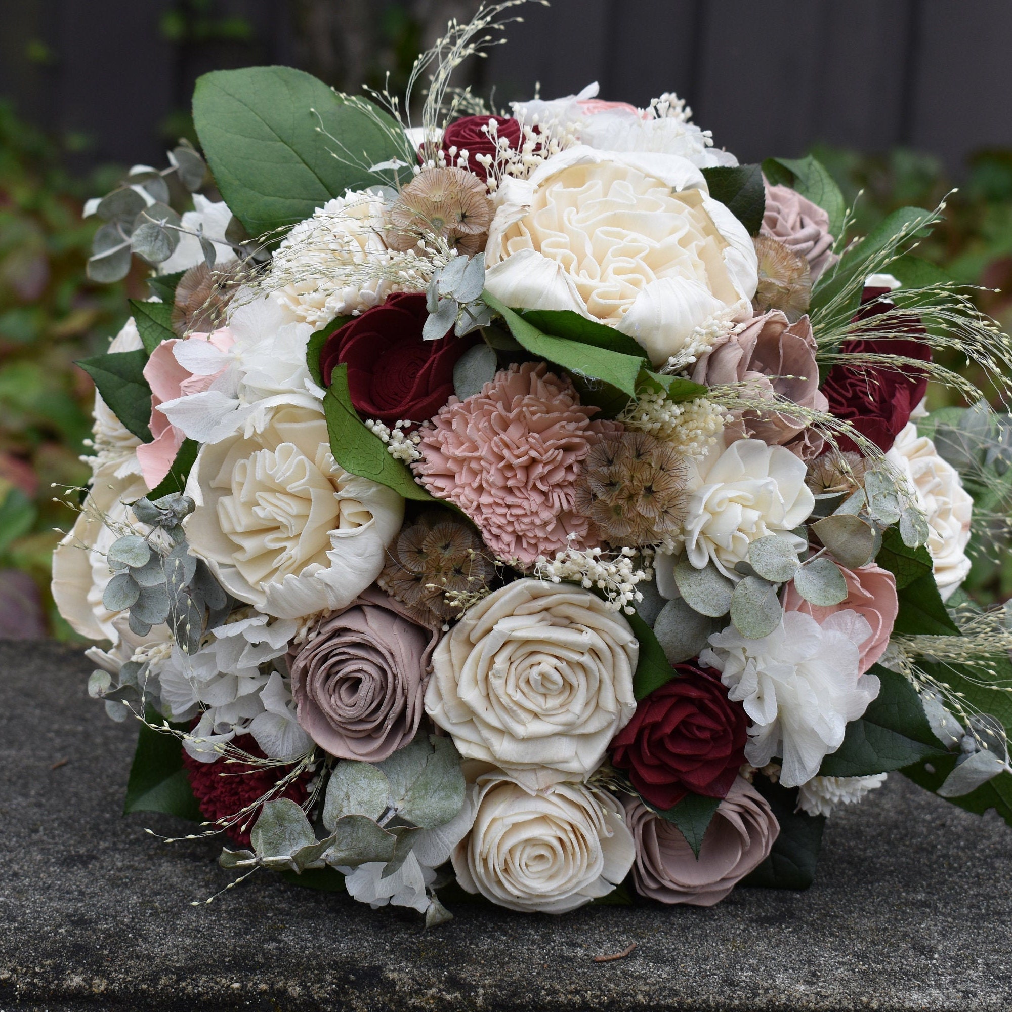 Burgundy and Ivory Wood Wedding Sola Flower Bouquet "Burgundy Rose" - Thumbnail 4