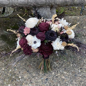 Moody Burgundy and Black Wood Wedding Sola Flower Bouquet &quot;Cherry Bordeaux&quot;