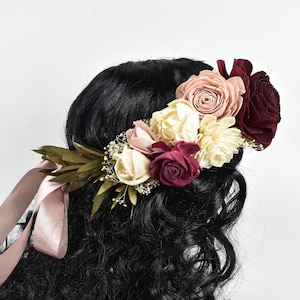 Burgundy Blush Wood Sola Flower Bridal Hair Crown Accessory