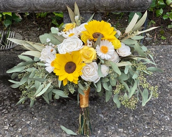 Preserved Sunflower and White Wood Daisy Mixed Media Wedding Flower Bouquet "Sunshine"