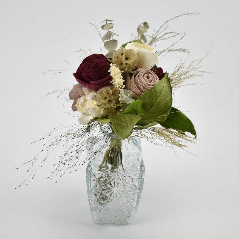 Burgundy Rose Wood Sola Flower Glass Vase Arrangement - Thumbnail 3