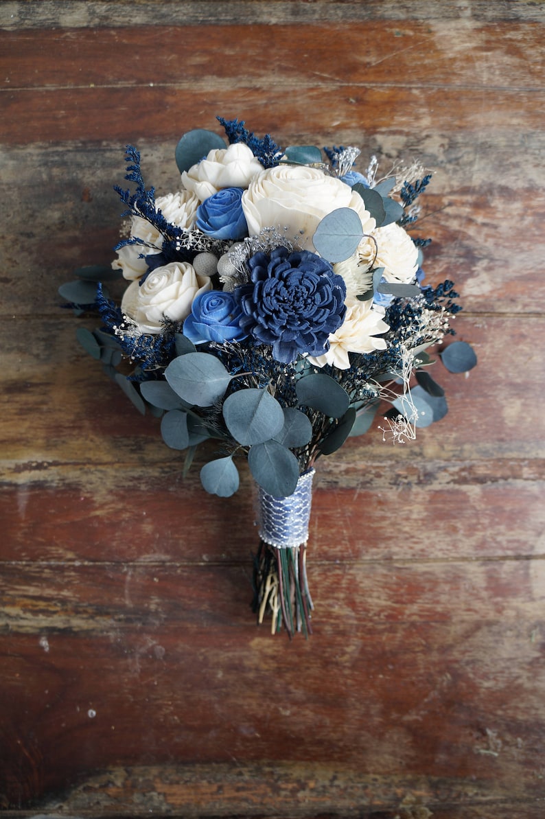 Blue Silver and White Sola Flower Bouquet Starry image 0