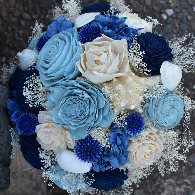 Wood Flower Bouquet and Slate Sola Flower Bouquet Nautical Blues Wedding Bouquet Gift for Her Bridal Blue Ivory Keepsake Bouquet