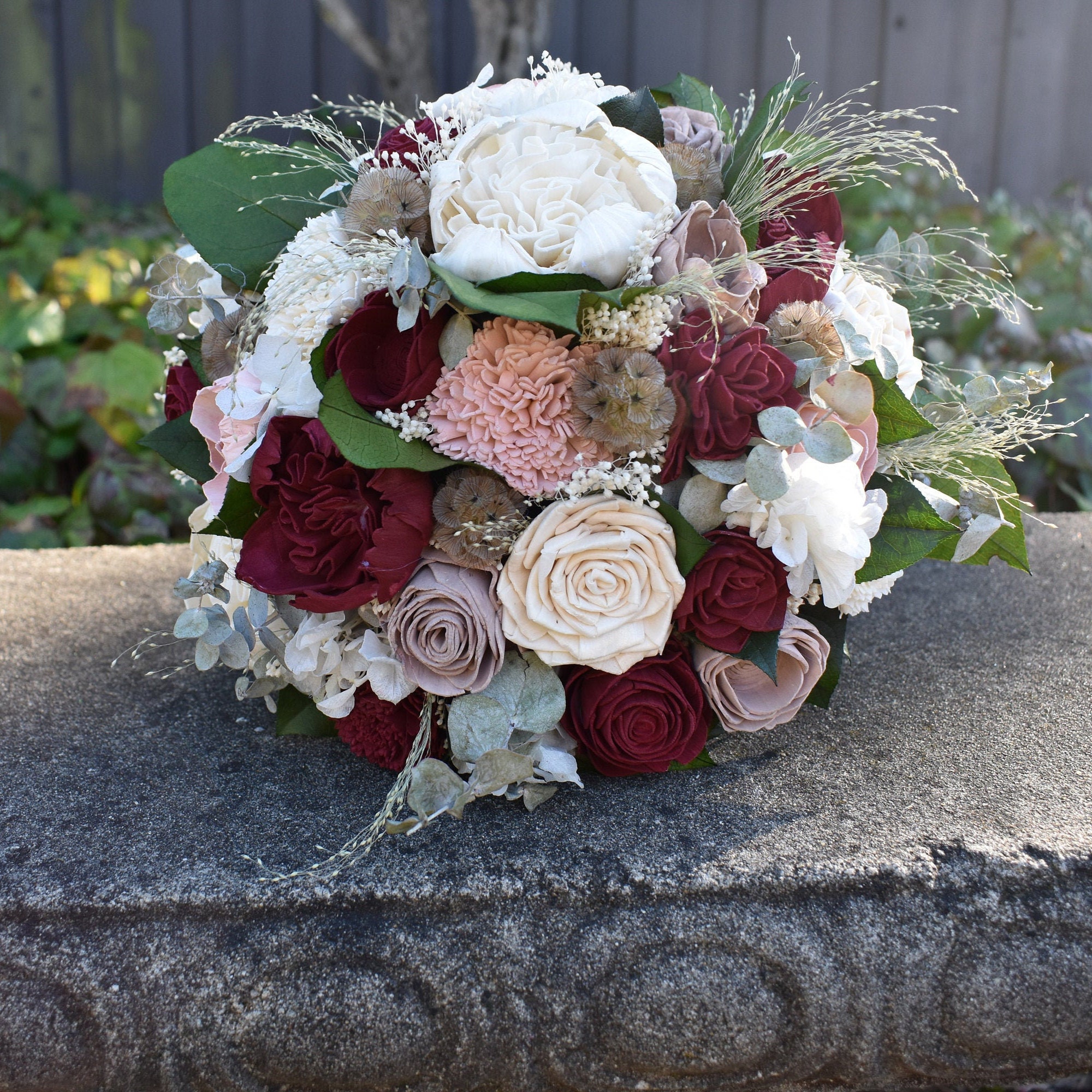 Burgundy and Ivory Wood Wedding Sola Flower Bouquet "Burgundy Rose" - Thumbnail 3
