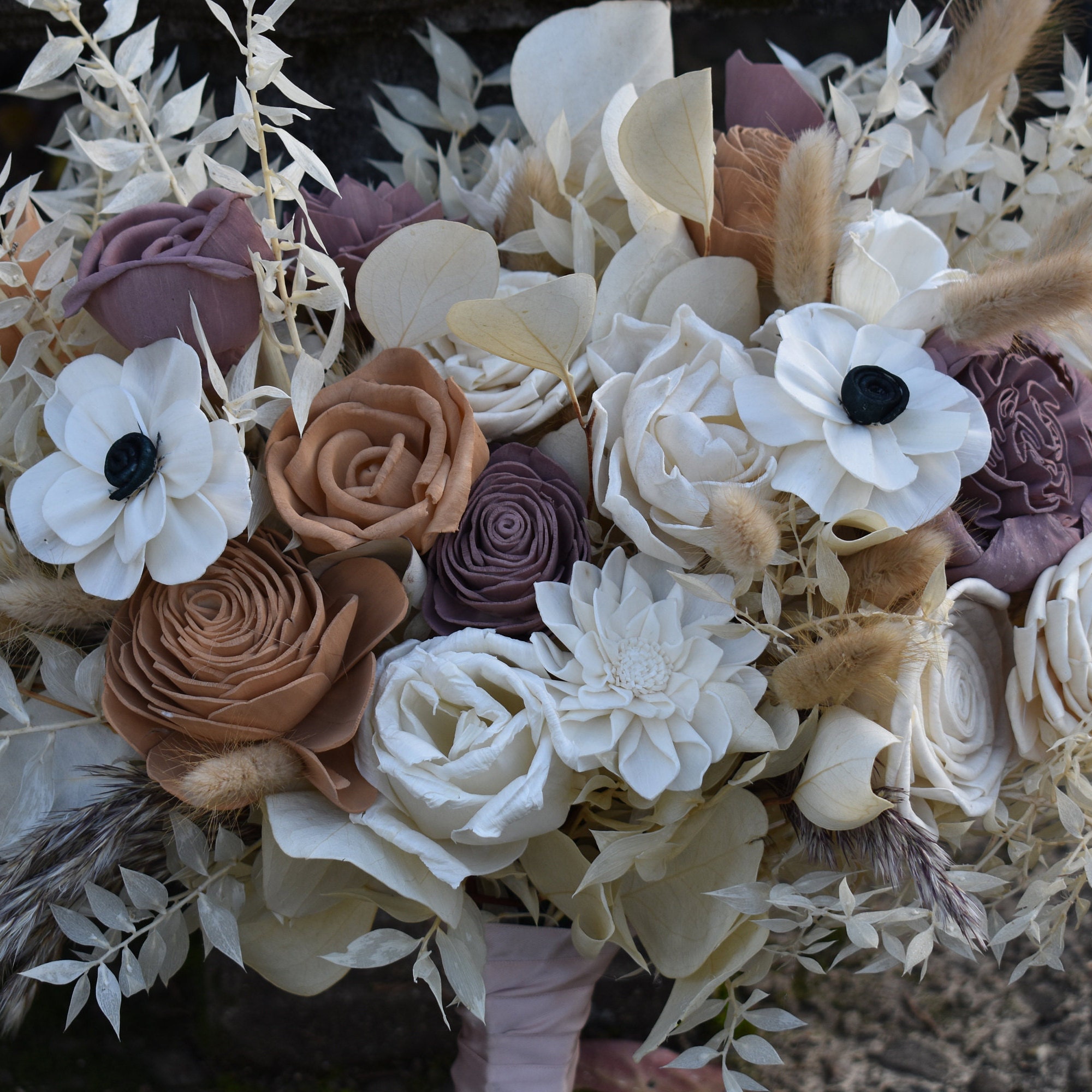 Nude, Ivory, and Mauve Wood Sola Wedding Flower Bouquet, "Champagne Dreams" - Thumbnail 3