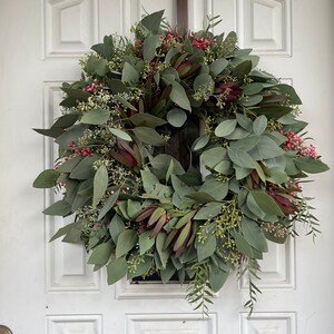 Fresh Seeded Eucalyptus, Leucadendron, and Pepperberry Winter Greenery Wreath