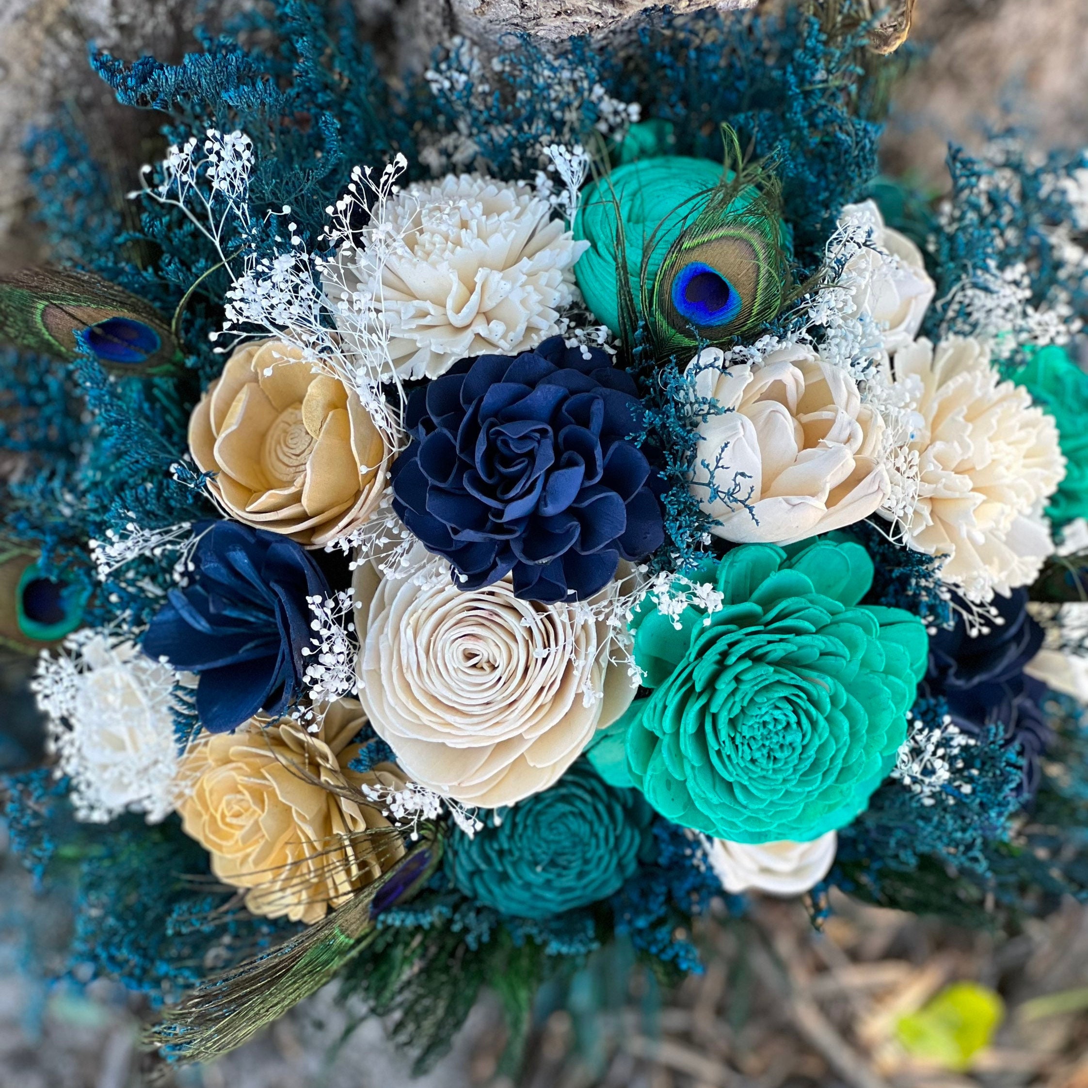 Ivory and Peacock Wood Wedding Sola Flower Bouquet // "Paon De Mer" - Thumbnail 2
