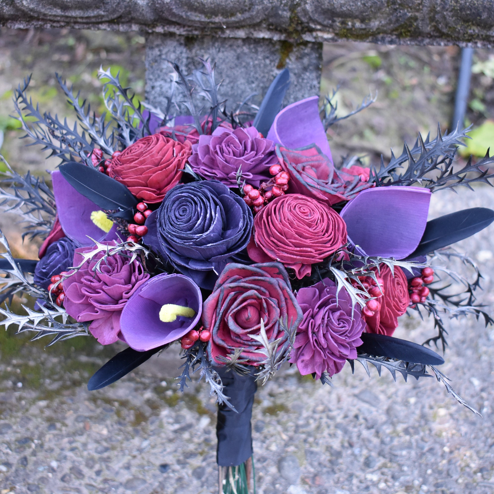 Black Magic Halloween Maroon and Purple Wood Wedding Sola Flower Bouquet - Thumbnail 2