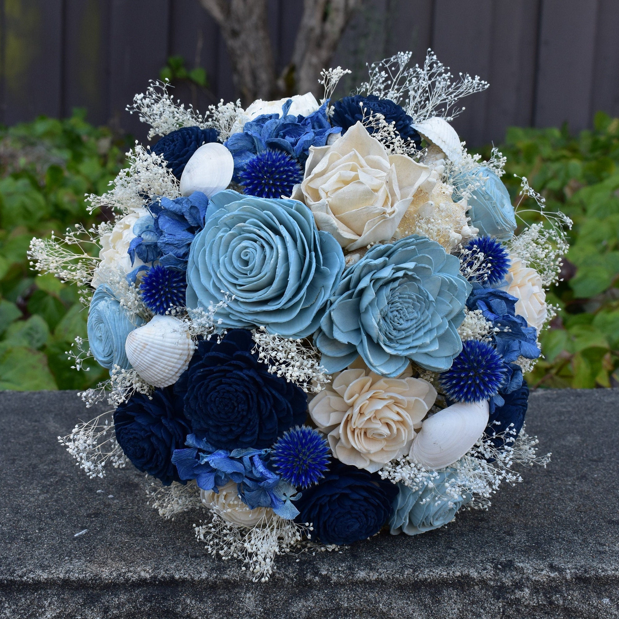 Blue, Ivory, and Slate Wood Wedding Sola Flower Bouquet, "Nautical Blues"