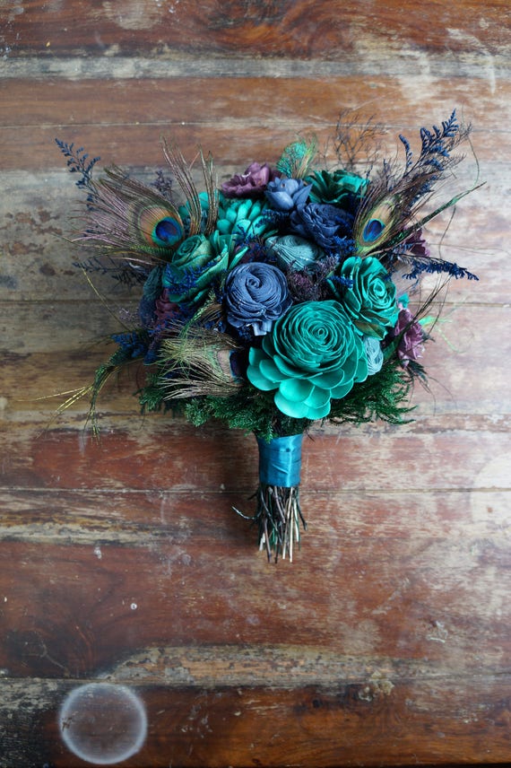 Peacock Sola Flower Bouquet Teal And Blue Wood Flower Etsy