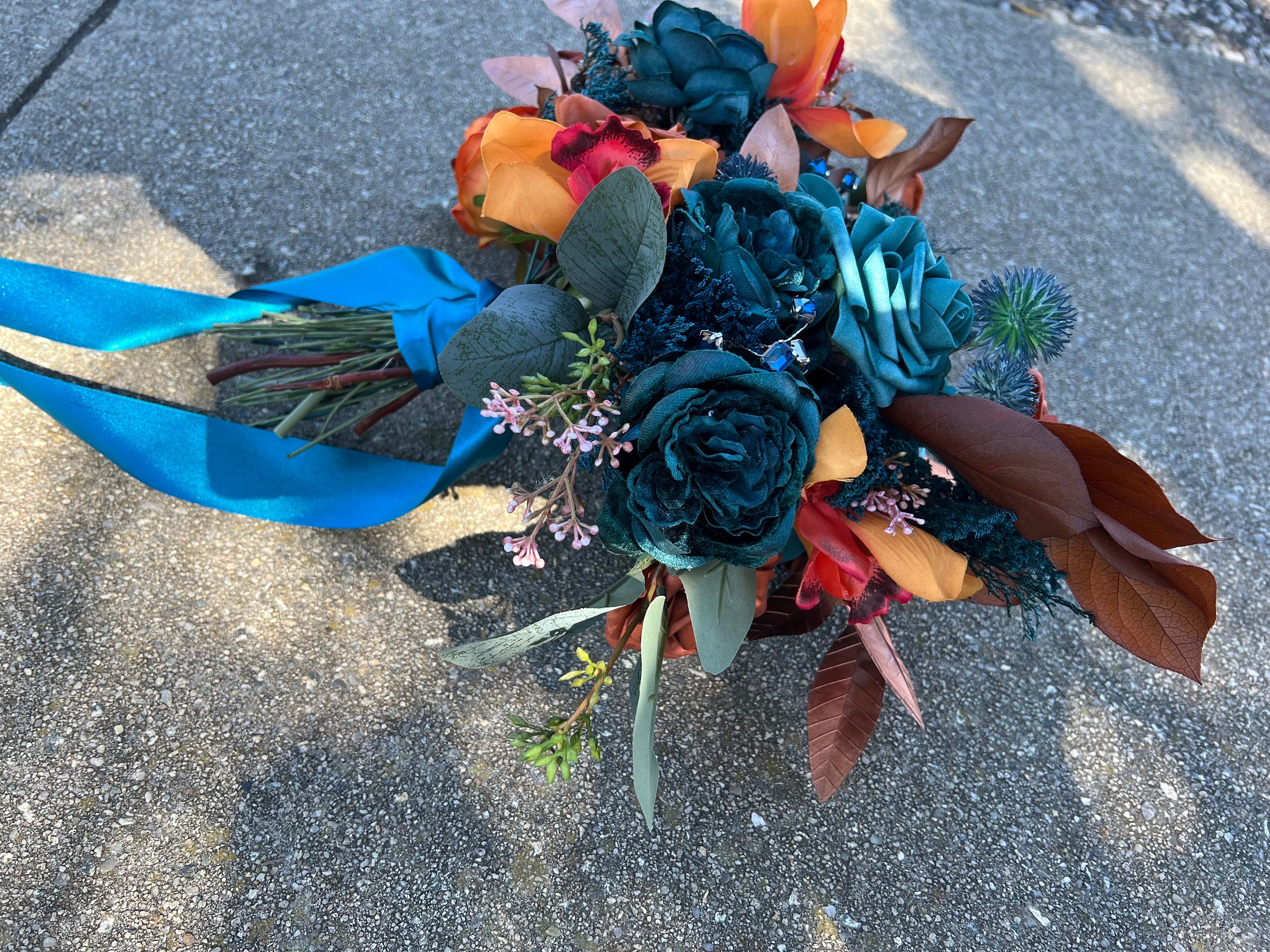 Teal and Orange Artificial Flower Wedding Bouquet, "Mystic Mermaid" - Thumbnail 6