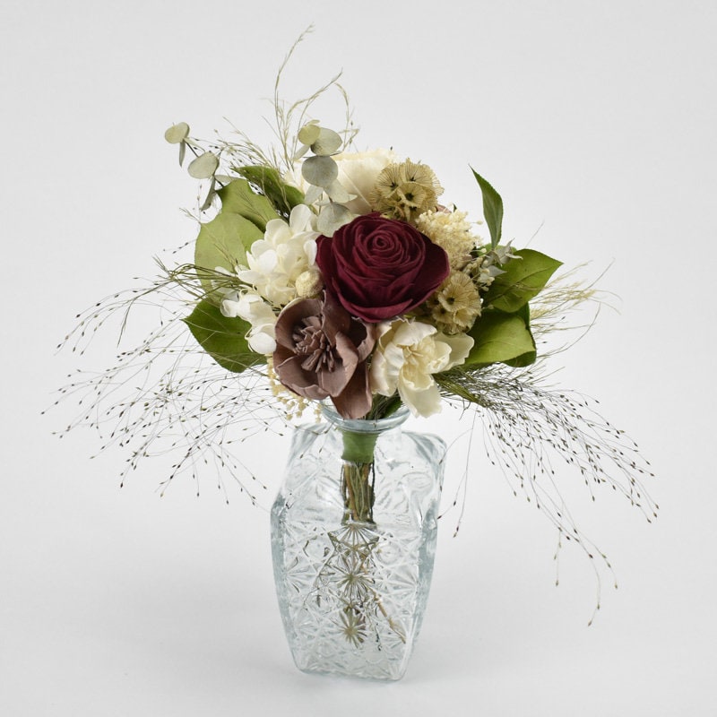Burgundy Rose Wood Sola Flower Glass Vase Arrangement