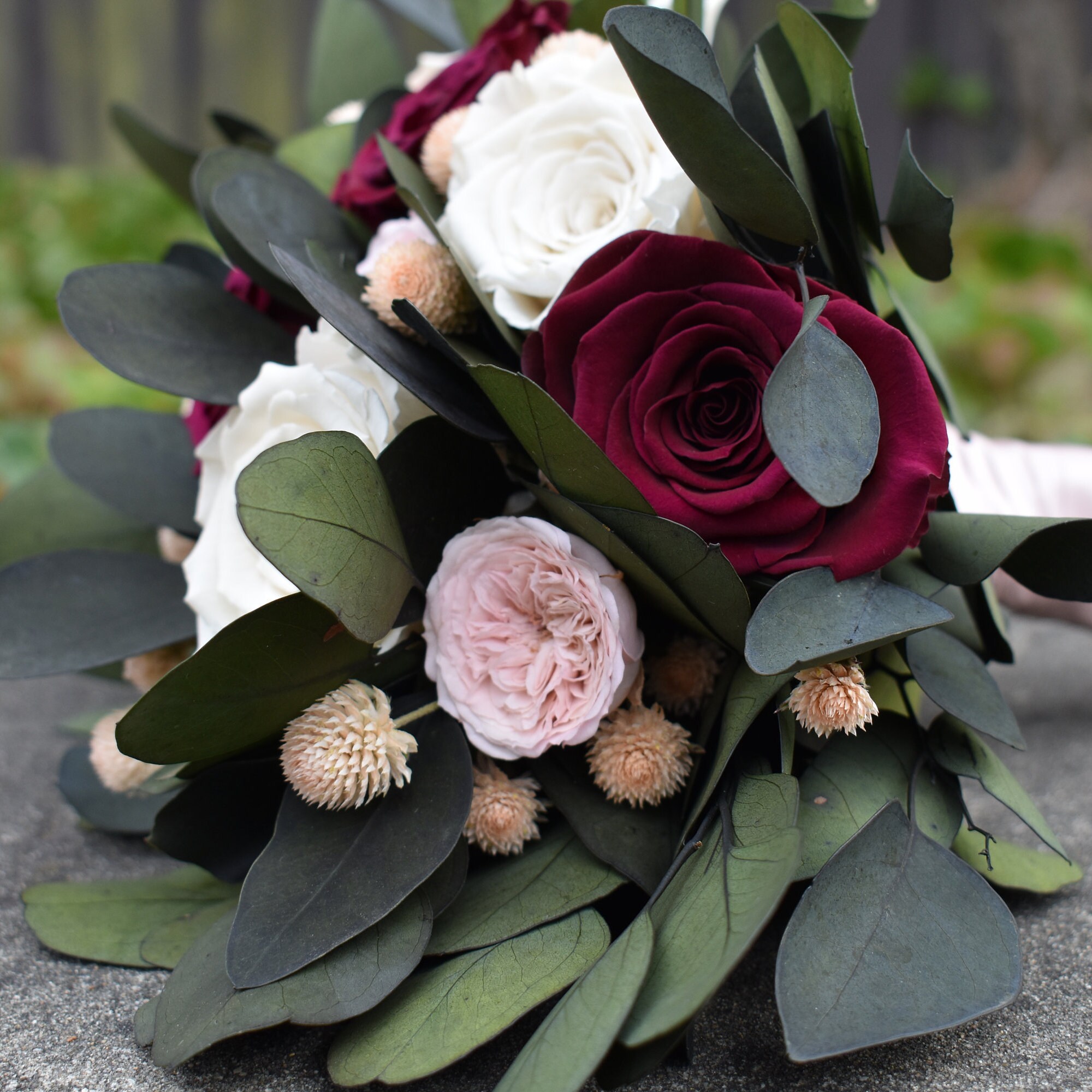 Wine and Blush Real Preserved Rose Wedding Flower Bouquet - Thumbnail 5