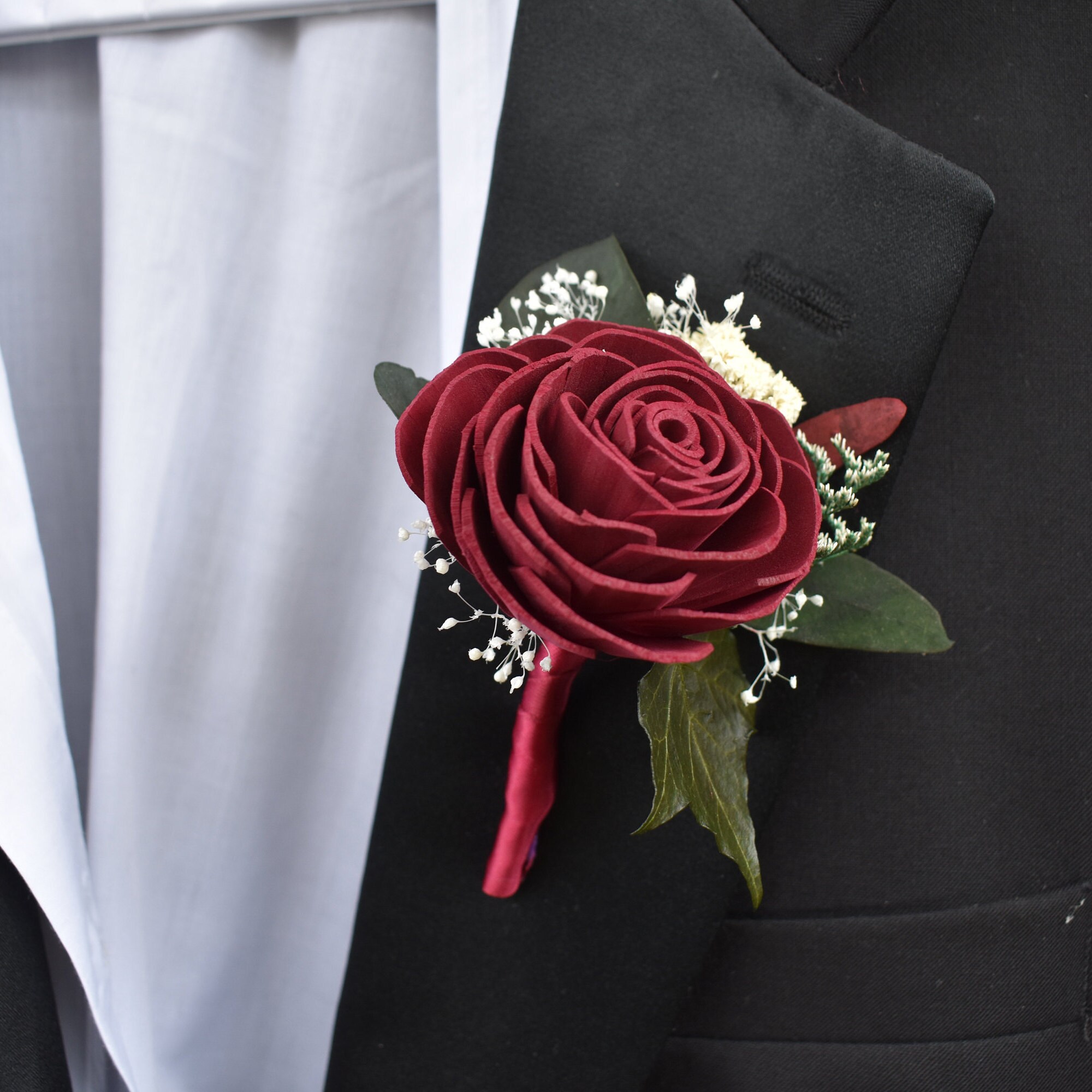 Maroon Wood Sola Flower Boutonniere "The English Garden"