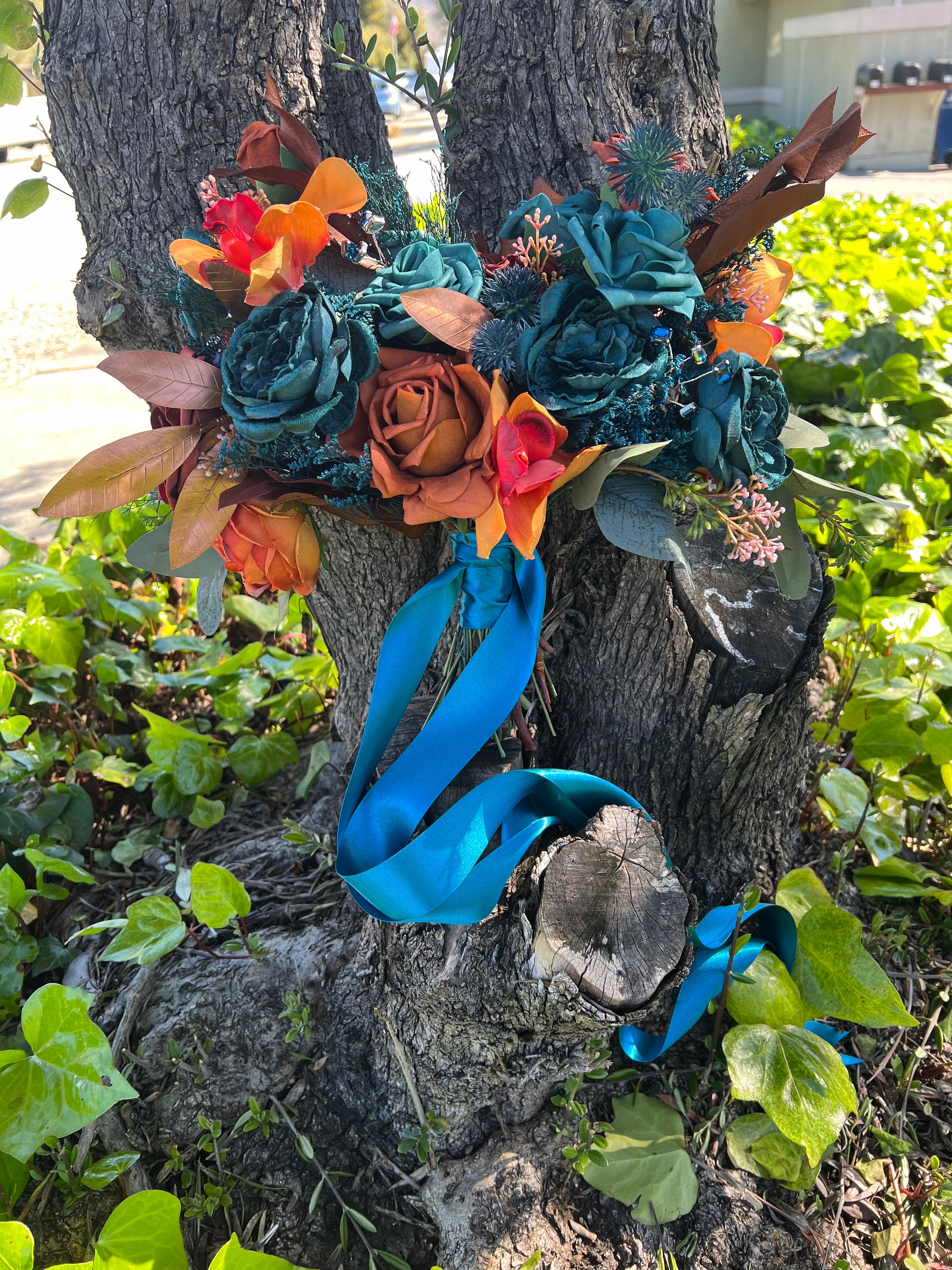 Teal and Orange Artificial Flower Wedding Bouquet, "Mystic Mermaid" - Thumbnail 2