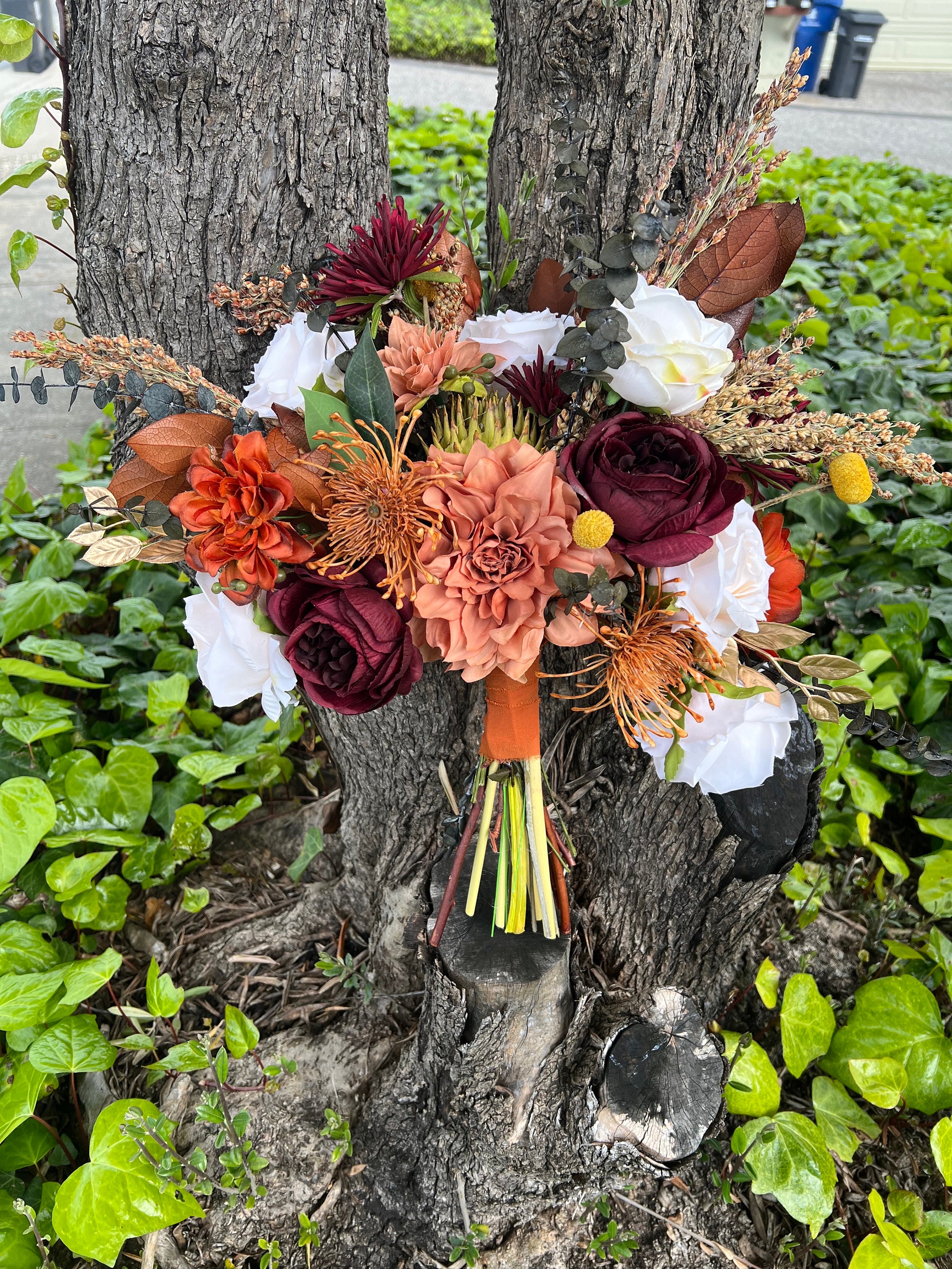 Terracotta and Burgundy Artificial Flower Wedding Bouquet, "High Sierra"