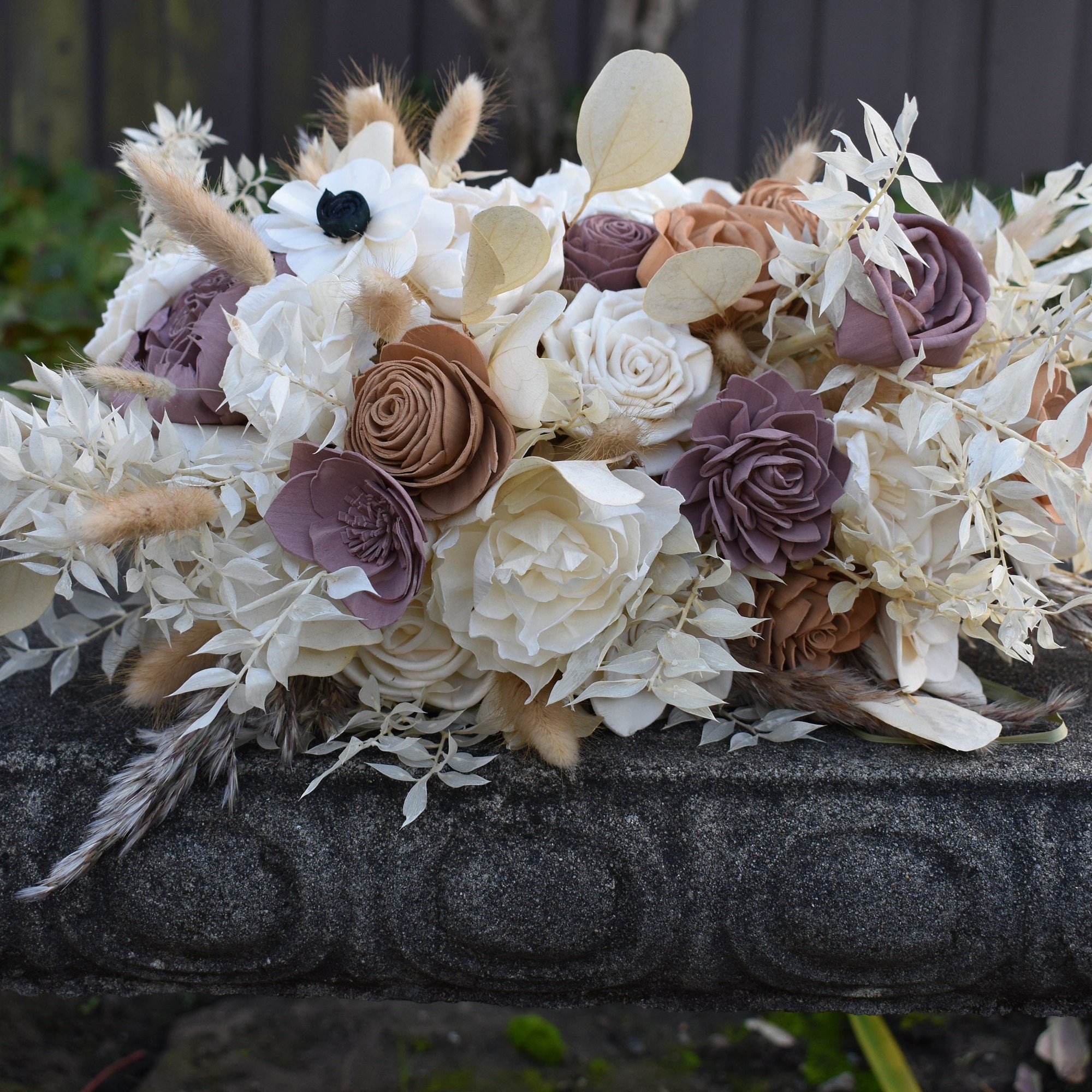 Nude, Ivory, and Mauve Wood Sola Wedding Flower Bouquet, "Champagne Dreams" - Thumbnail 6