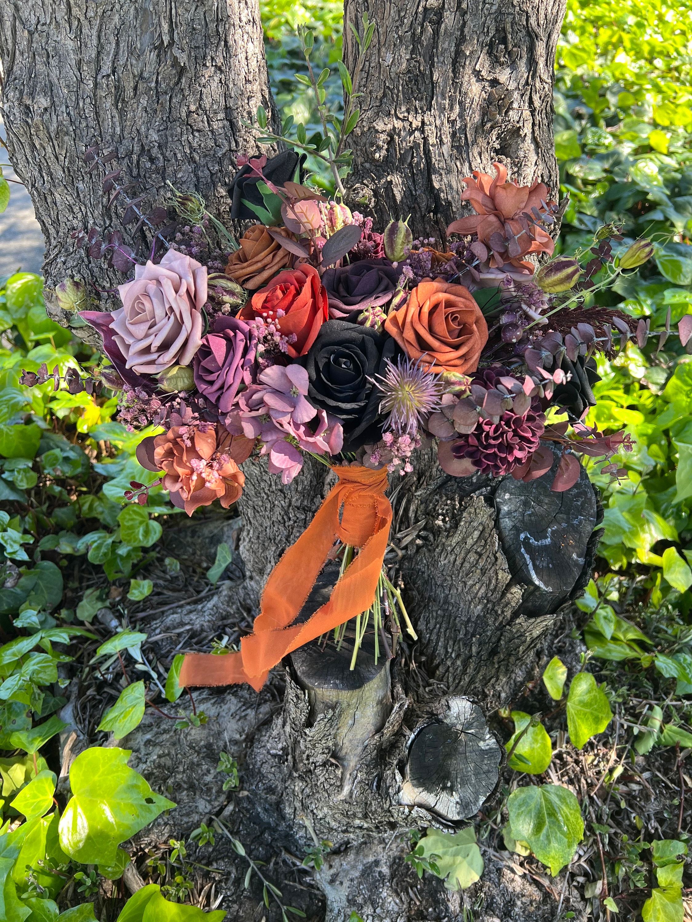 Black, Plum and Terracotta Halloween Artificial Flower Wedding Fall Bouquet, "Rhiannon" - Thumbnail 3