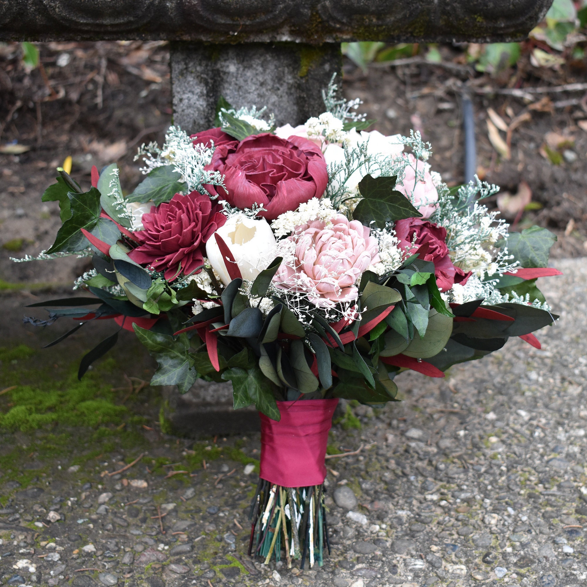 Maroon and Blush Wood Wedding Sola Flower Bouquet // "The English Garden" - Thumbnail 2