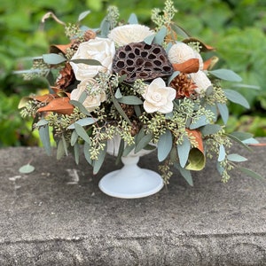 Fall Wedding Table Centerpiece with Dried Florals and Wood Flowers