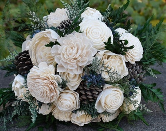 Forest Green and Ivory Wood Wedding Sola Flower Bouquet, "Woodland Fantasy"