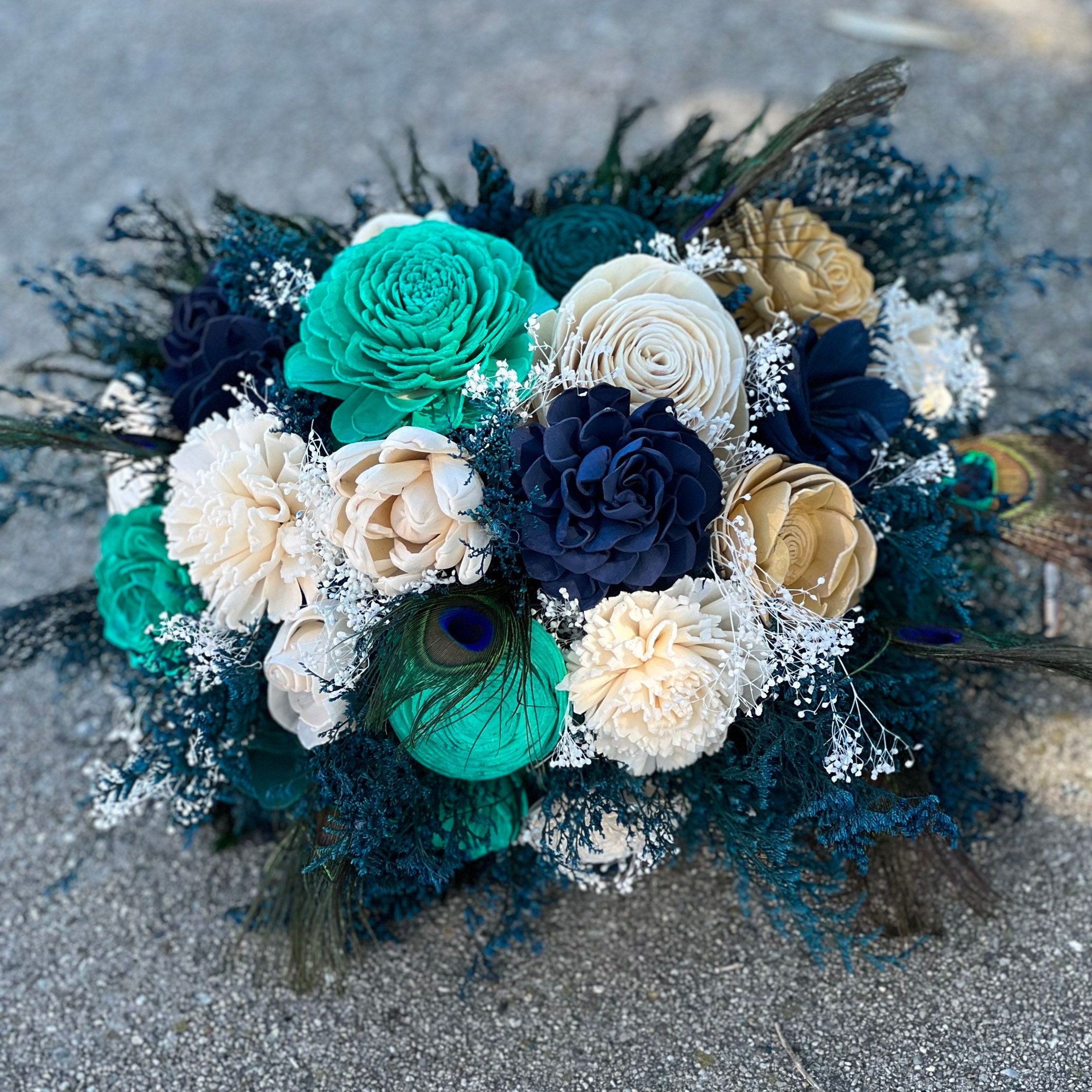 Ivory and Peacock Wood Wedding Sola Flower Bouquet // "Paon De Mer" - Thumbnail 4