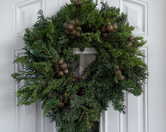 Fresh Christmas Wreath, Monterey Cypress Greenery Holiday Christmas Wreath *Nov-Jan only *