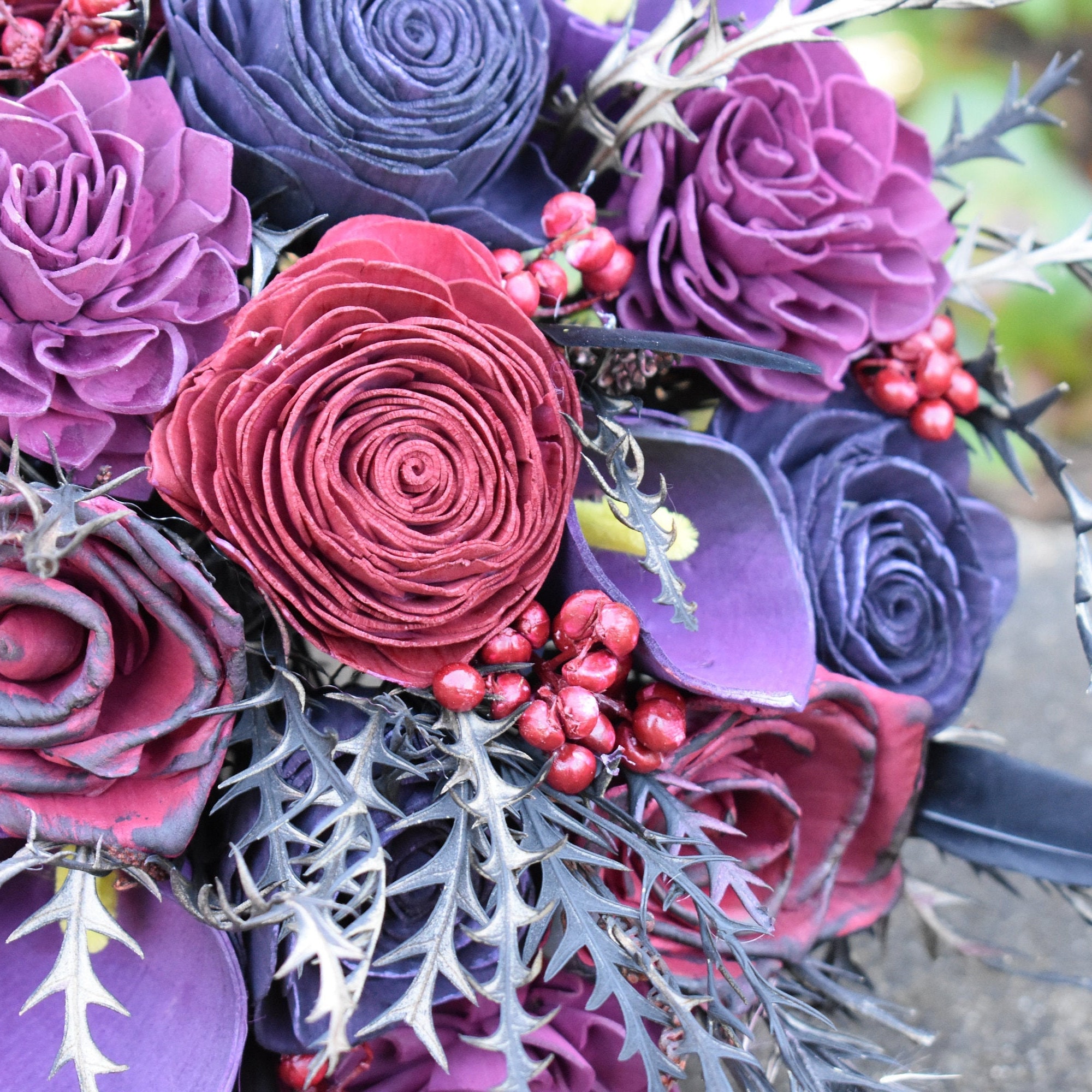 Black Magic Halloween Maroon and Purple Wood Wedding Sola Flower Bouquet - Thumbnail 6
