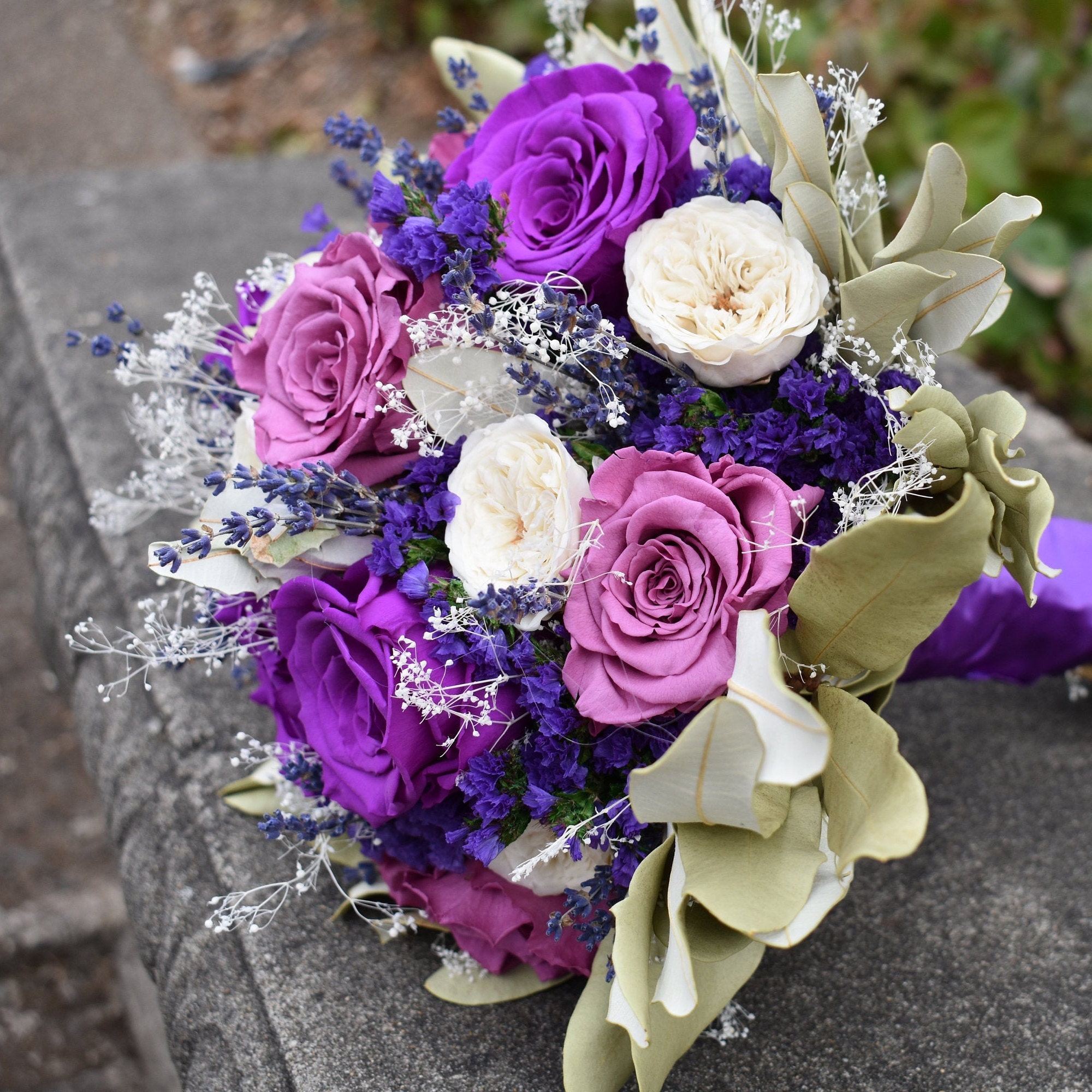 Violet and Purple Real Preserved Rose Flower Bouquet, Great for Weddings! - Thumbnail 4
