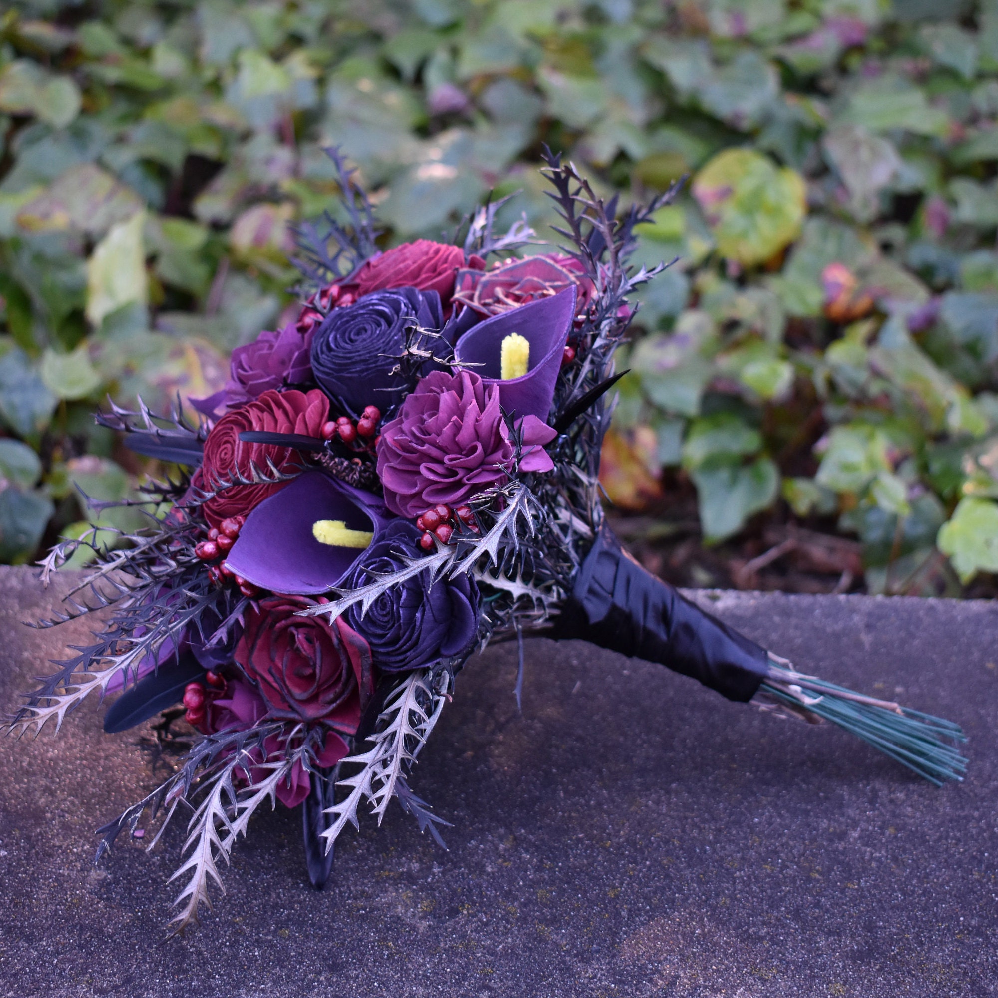 Black Magic Halloween Maroon and Purple Wood Wedding Sola Flower Bouquet - Thumbnail 4