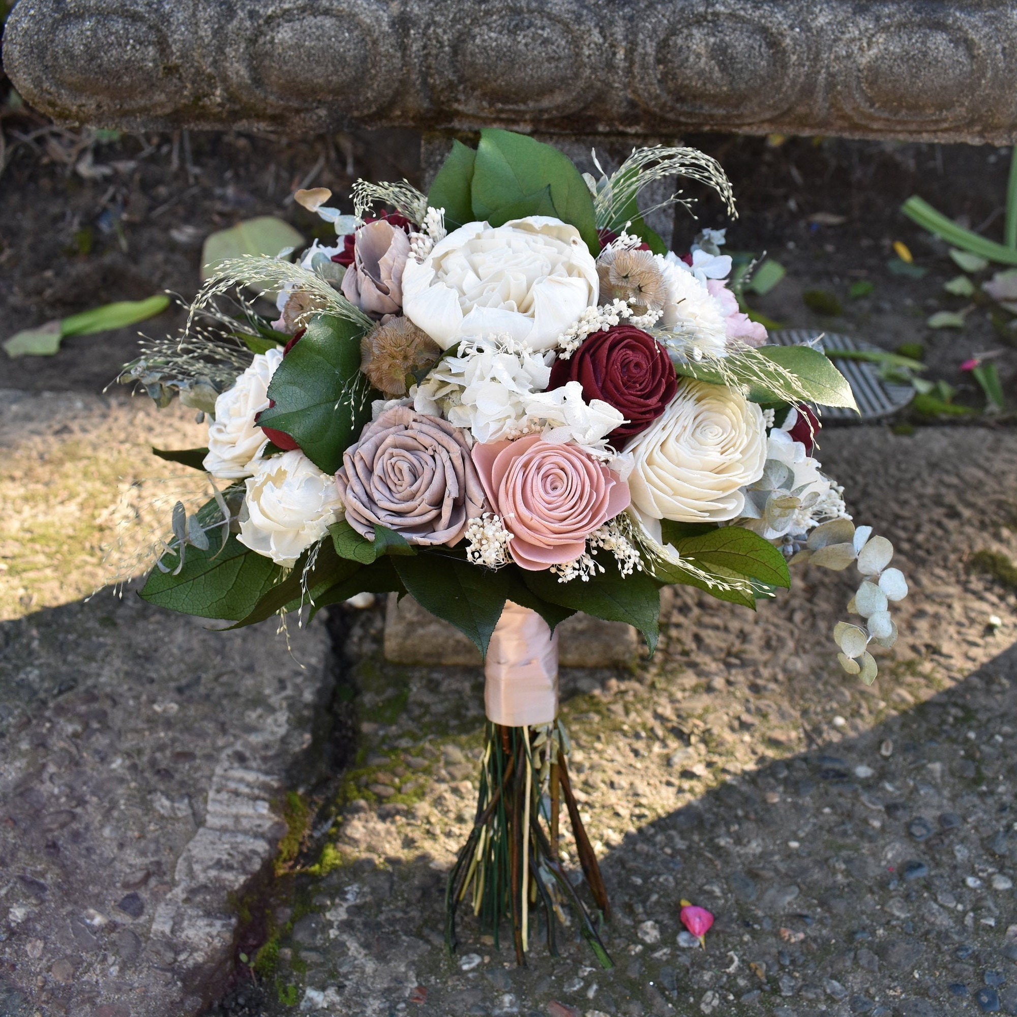 Burgundy and Ivory Wood Wedding Sola Flower Bouquet "Burgundy Rose" - Thumbnail 2