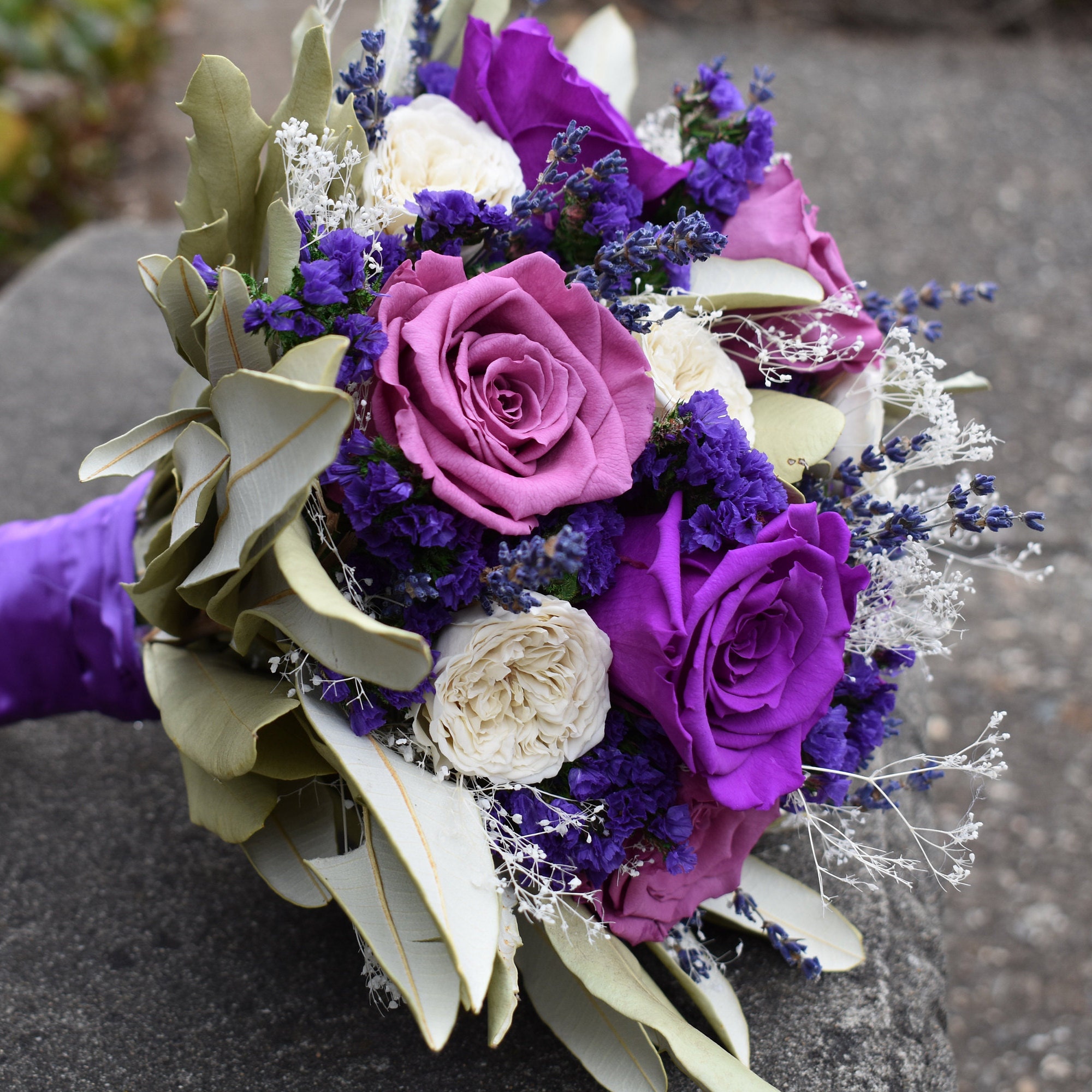 Violet and Purple Real Preserved Rose Flower Bouquet, Great for Weddings! - Thumbnail 5