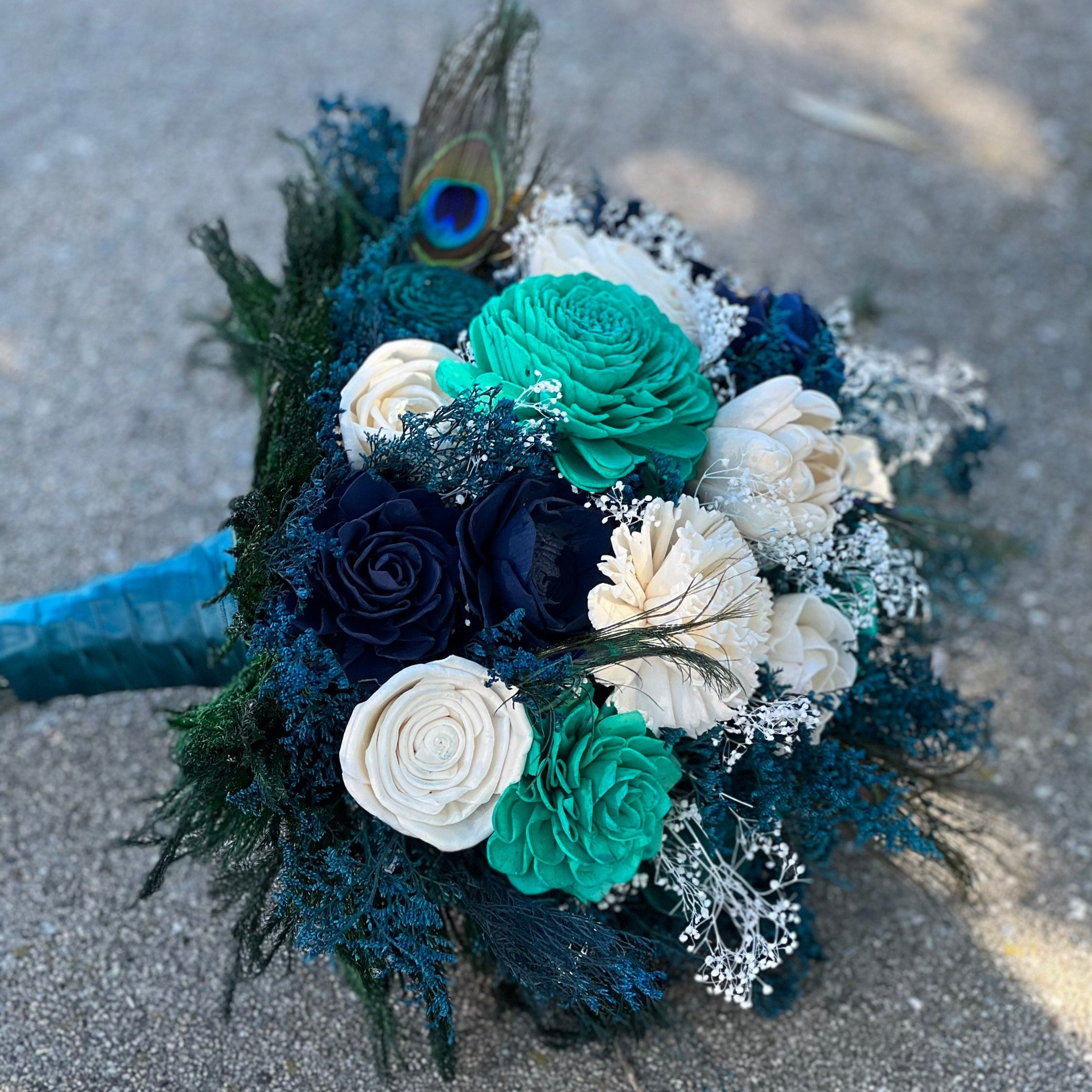Ivory and Peacock Wood Wedding Sola Flower Bouquet // "Paon De Mer" - Thumbnail 5