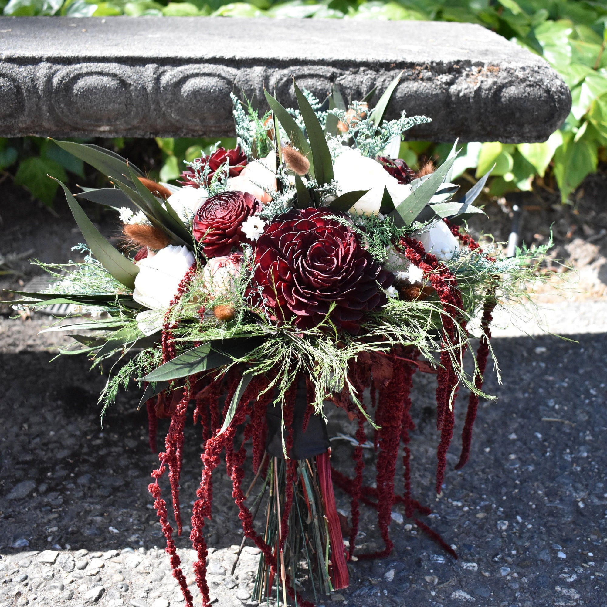 Maroon and Olive Wood Wedding Sola Flower Bouquet, "Old Hollywood"