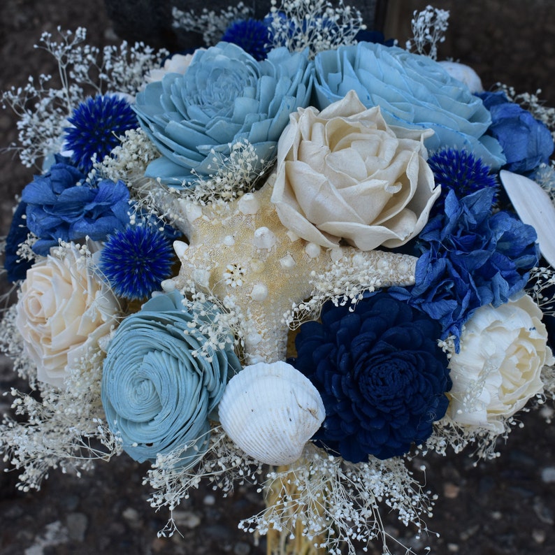 Wood Flower Bouquet and Slate Sola Flower Bouquet Nautical Blues Wedding Bouquet Gift for Her Bridal Blue Ivory Keepsake Bouquet