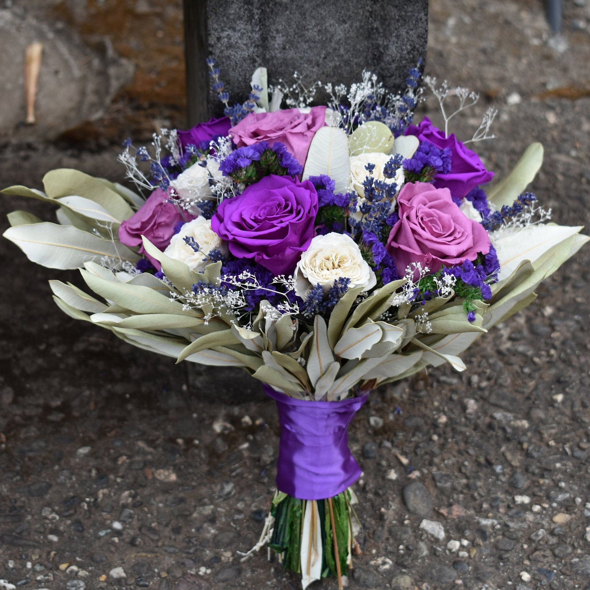 Violet and Purple Real Preserved Rose Flower Bouquet, Great for Weddings! - Thumbnail 2