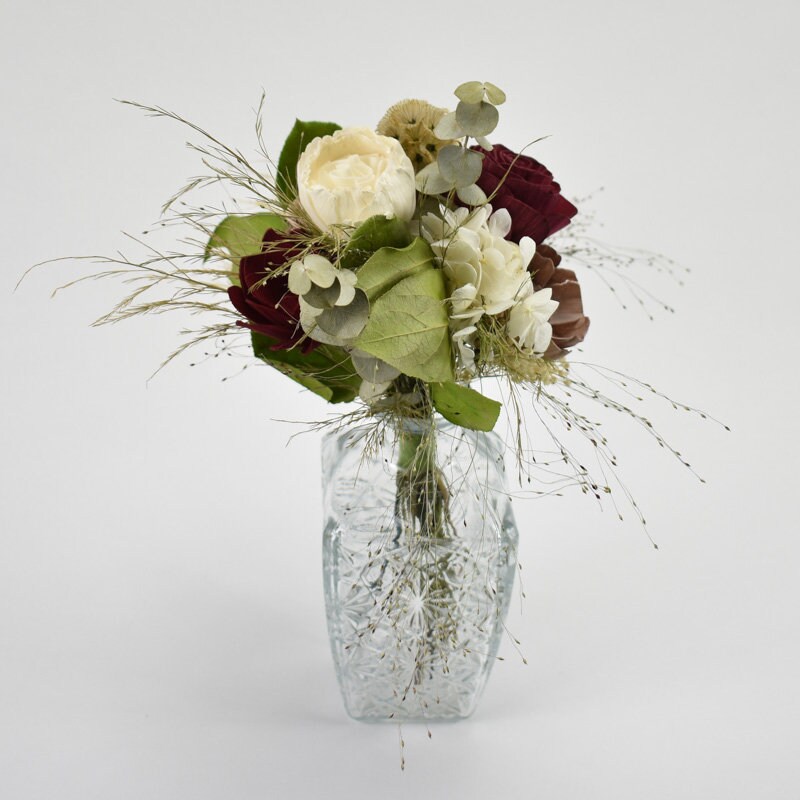 Burgundy Rose Wood Sola Flower Glass Vase Arrangement - Thumbnail 2